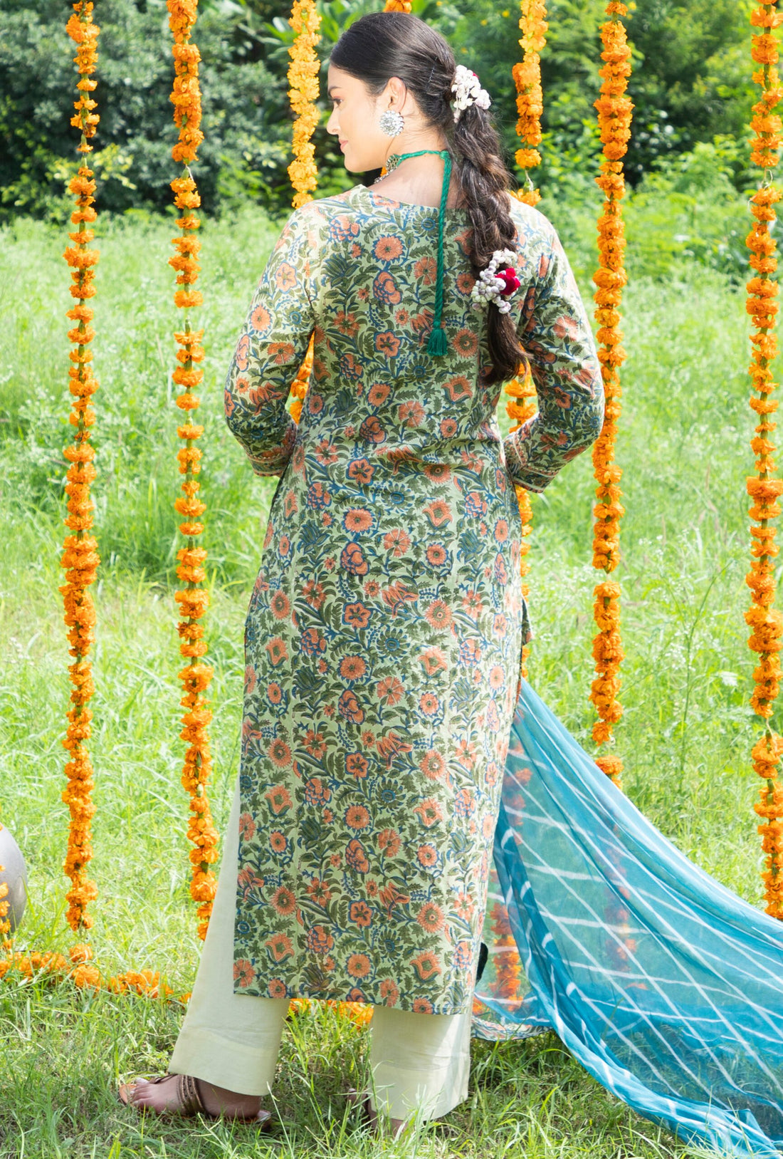 Shuddhi Green And Orange Anarkali And Duppatta Set