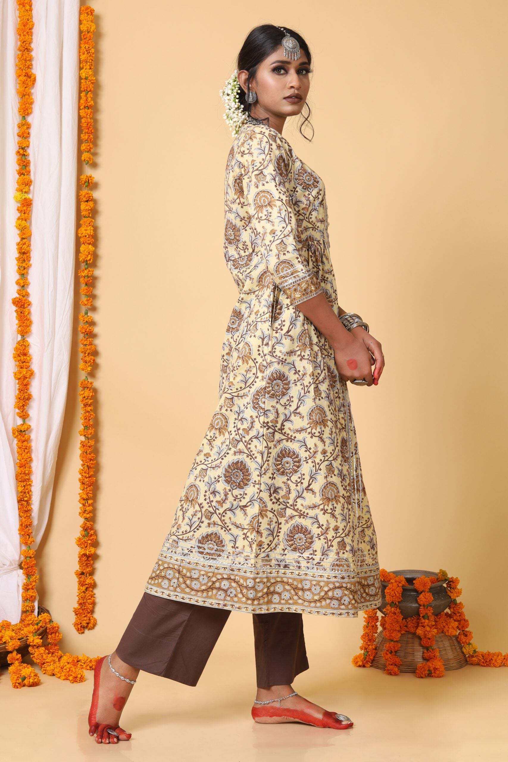 Beige and Brown Aline Handblock printed Kurta