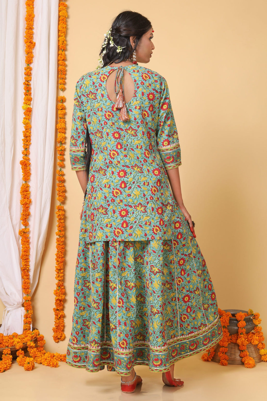 Sea Green and red handblock printed skirt, kurta and Duppatta set