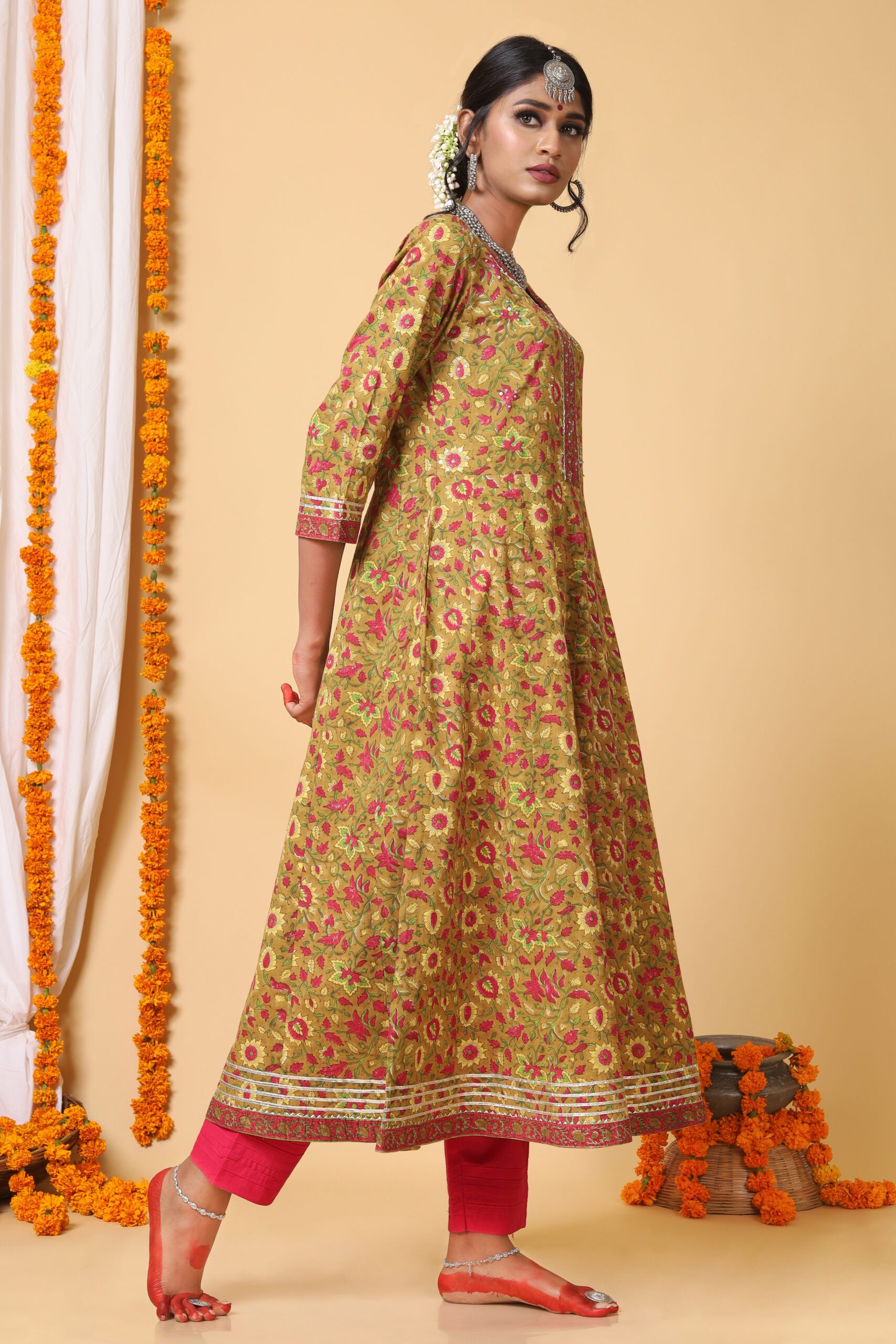 Mustard and Yellow Handblock Printed Anarkali With Bhandej Duppatta