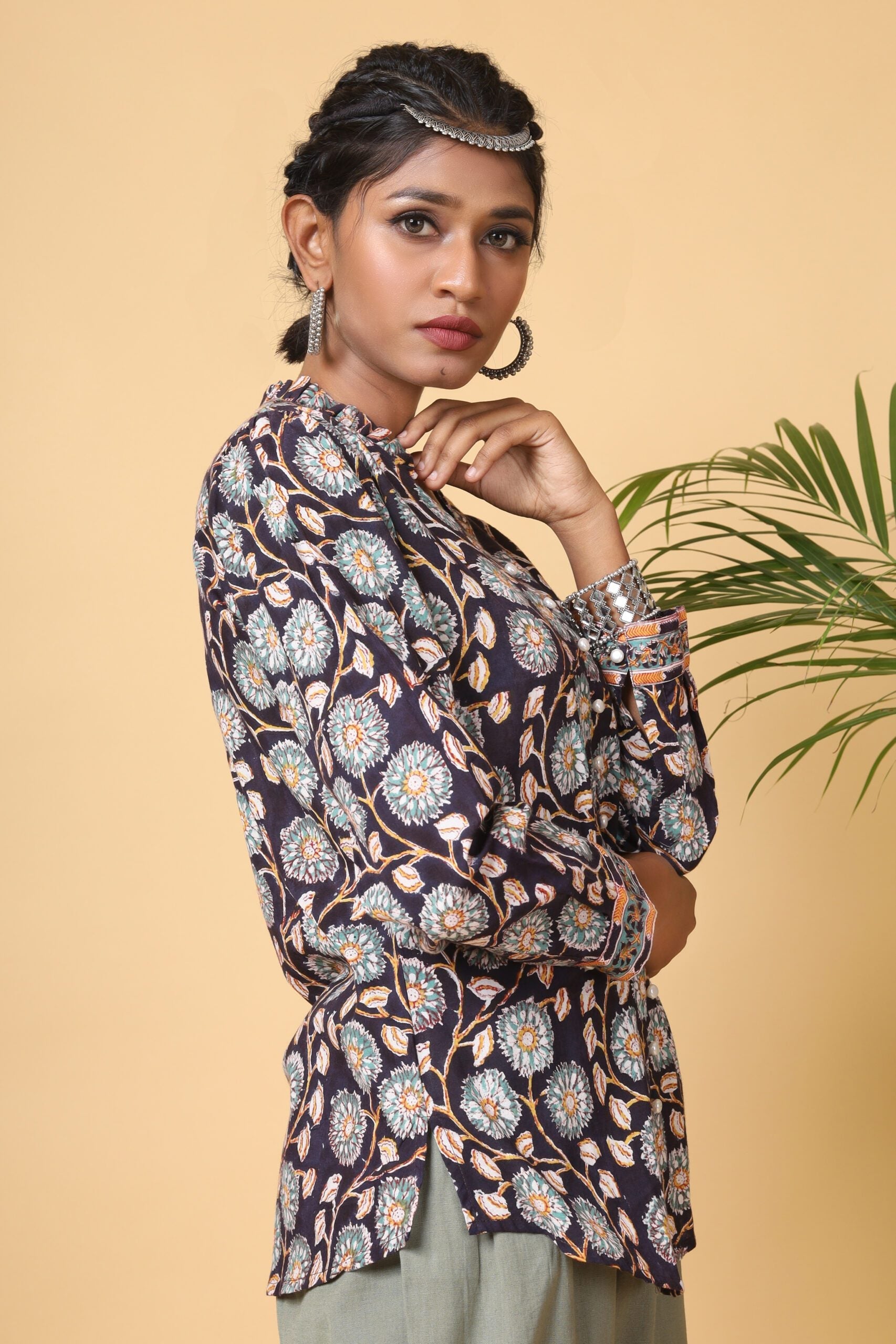 Black Handblock Printed Floral Shirt Button Down Top