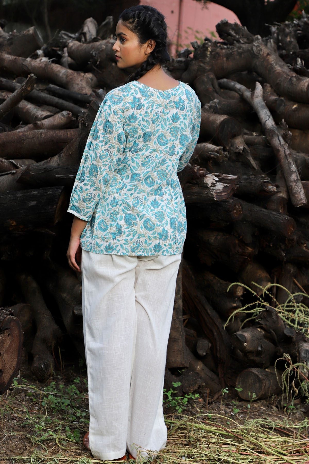 Off white and sea green handblock printed double top.