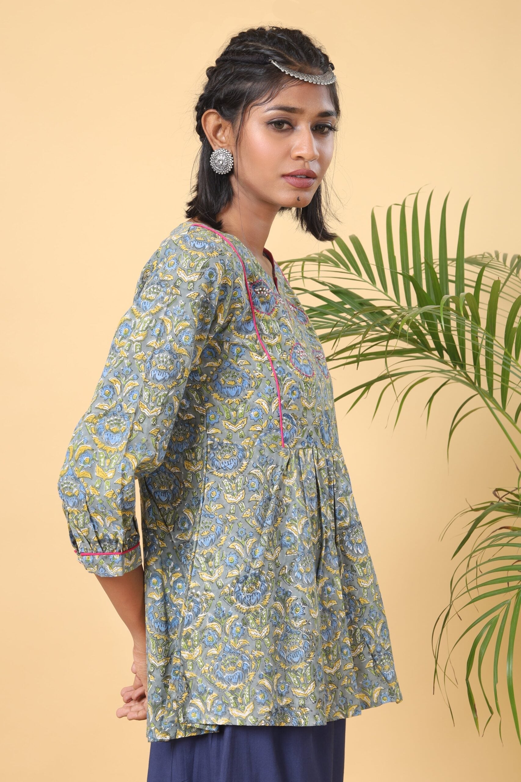 Green and Yellow handblock printed short top