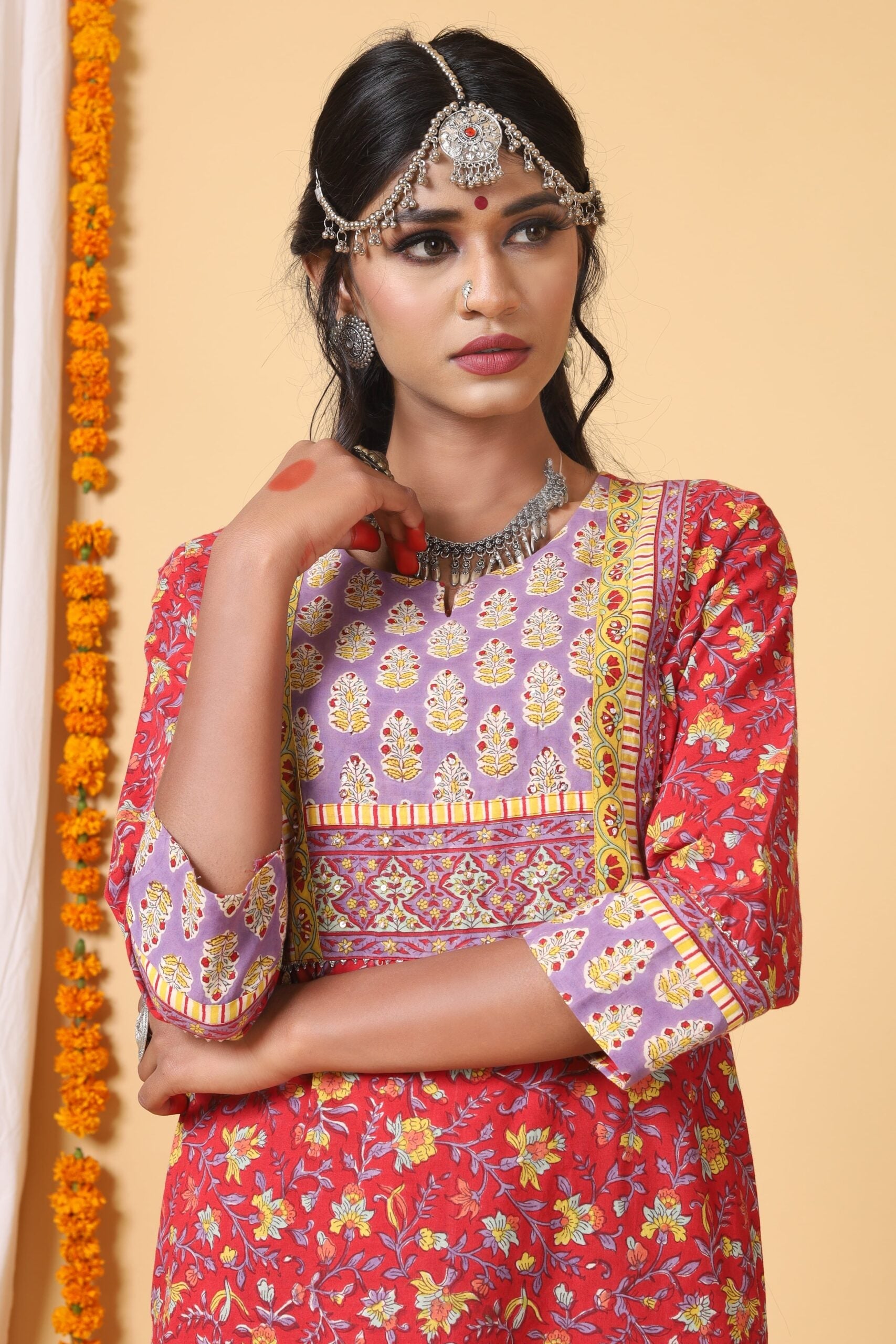 Red and Yellow Handblock Printed kurta with Kota Duppatta