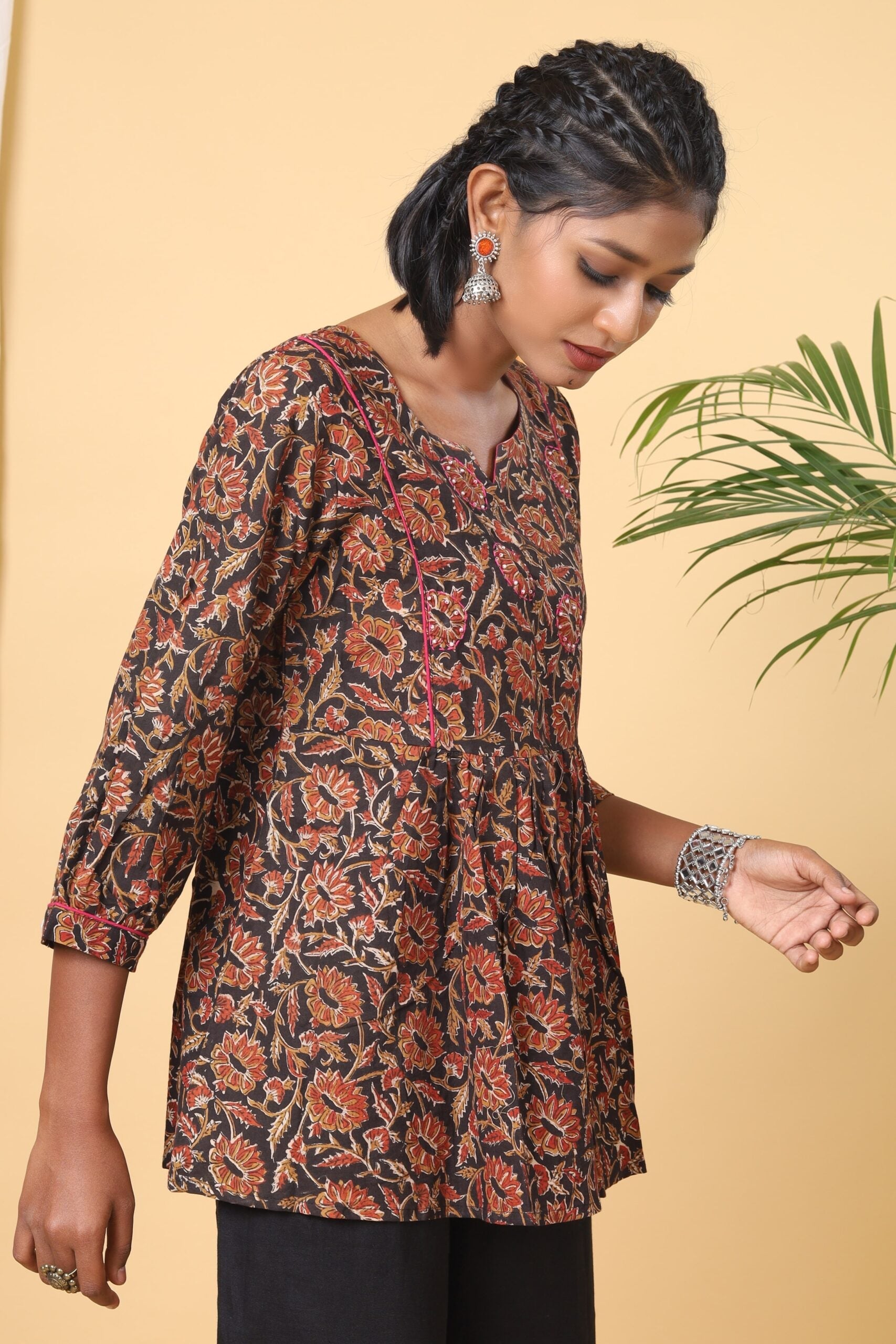 Black Floral Handblock Printed Short Top