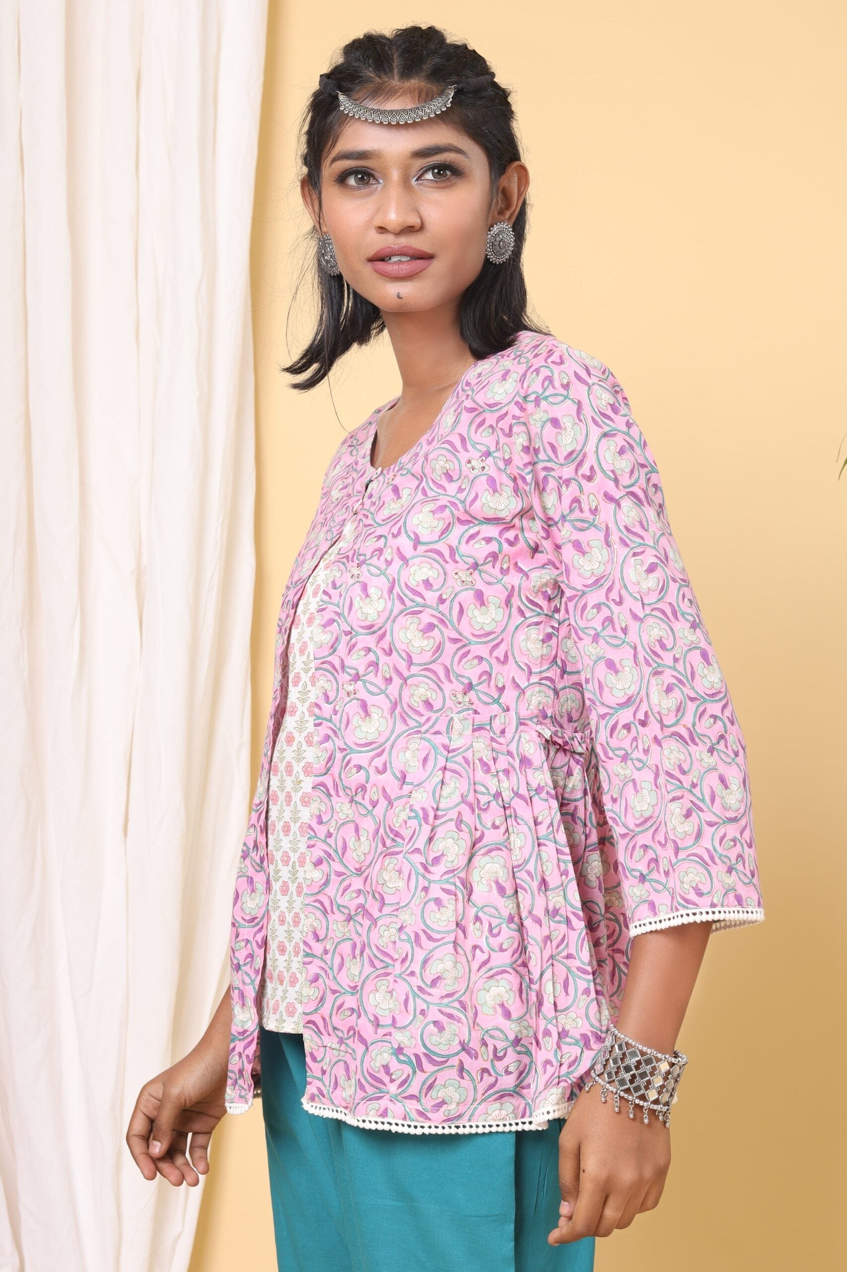 Pink and Mauve handblock printed double top.