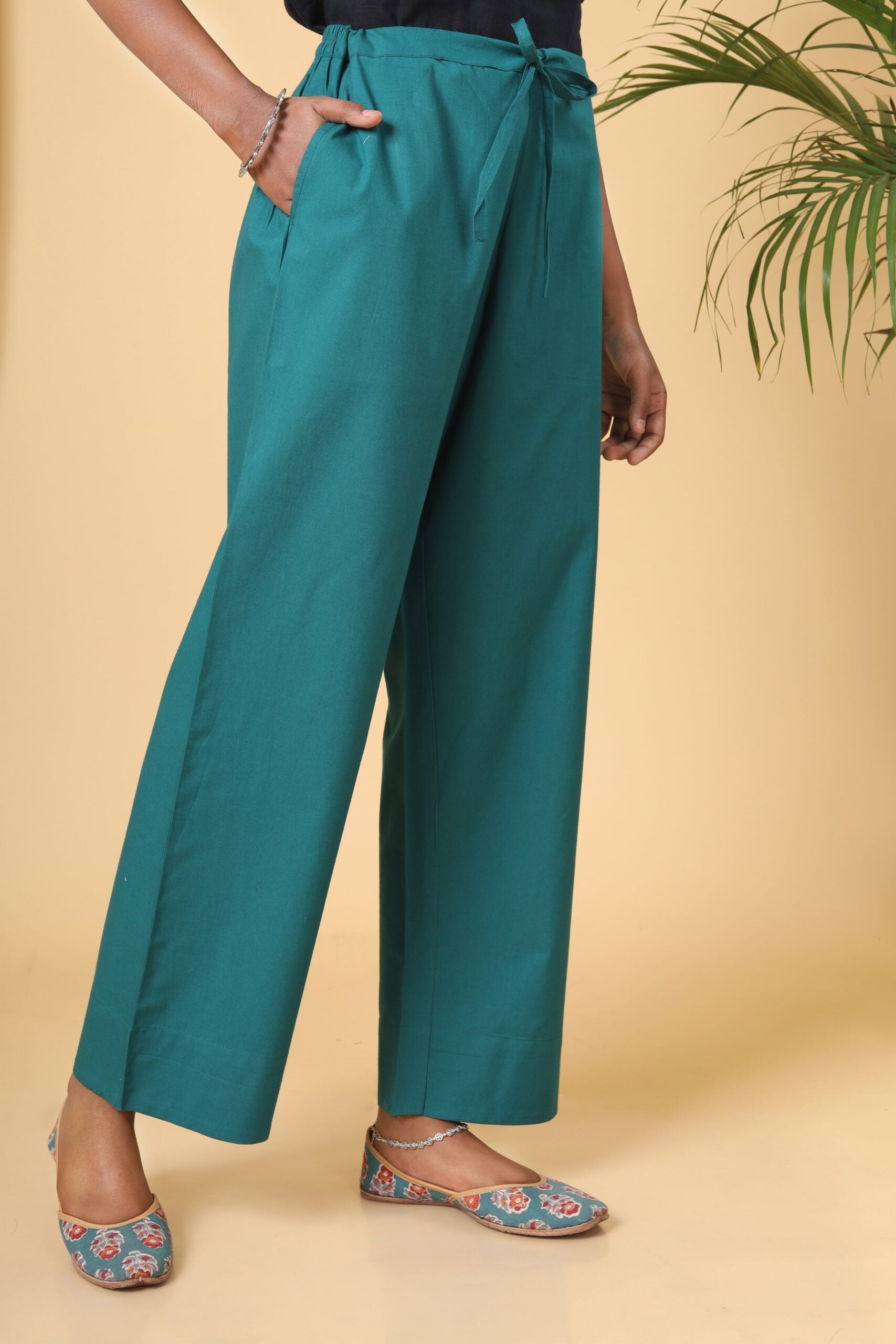 Pine Green Cotton Casual Pant