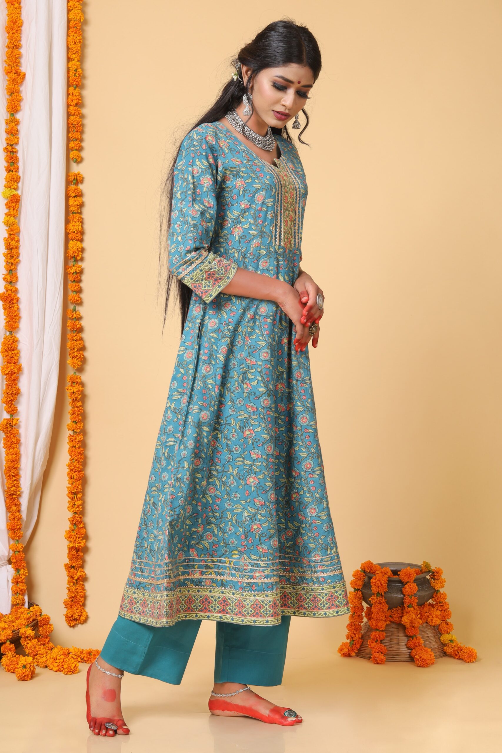 Teal Green and peach handblock printed anarkali with Chiffon Duppatta