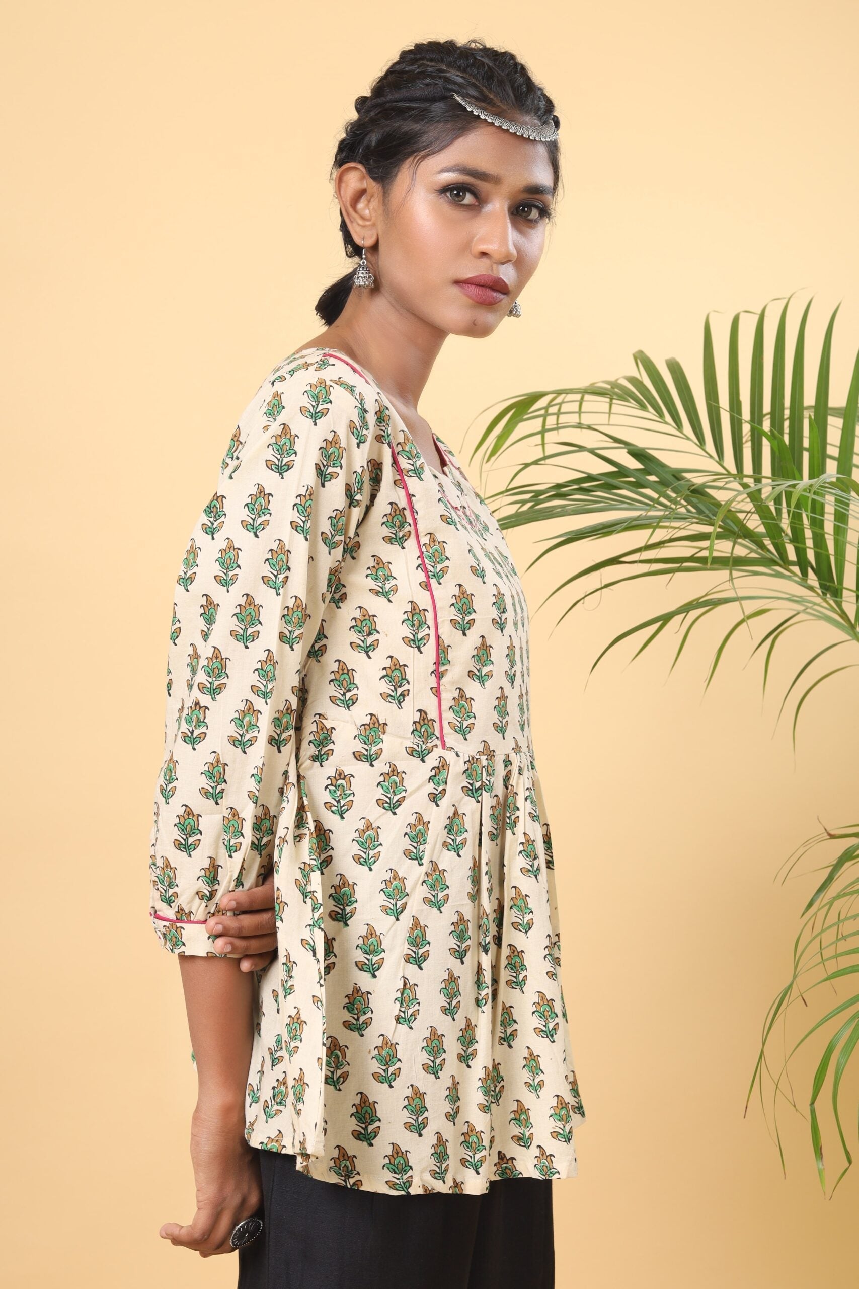 Beige and Green handblock Printed Short top