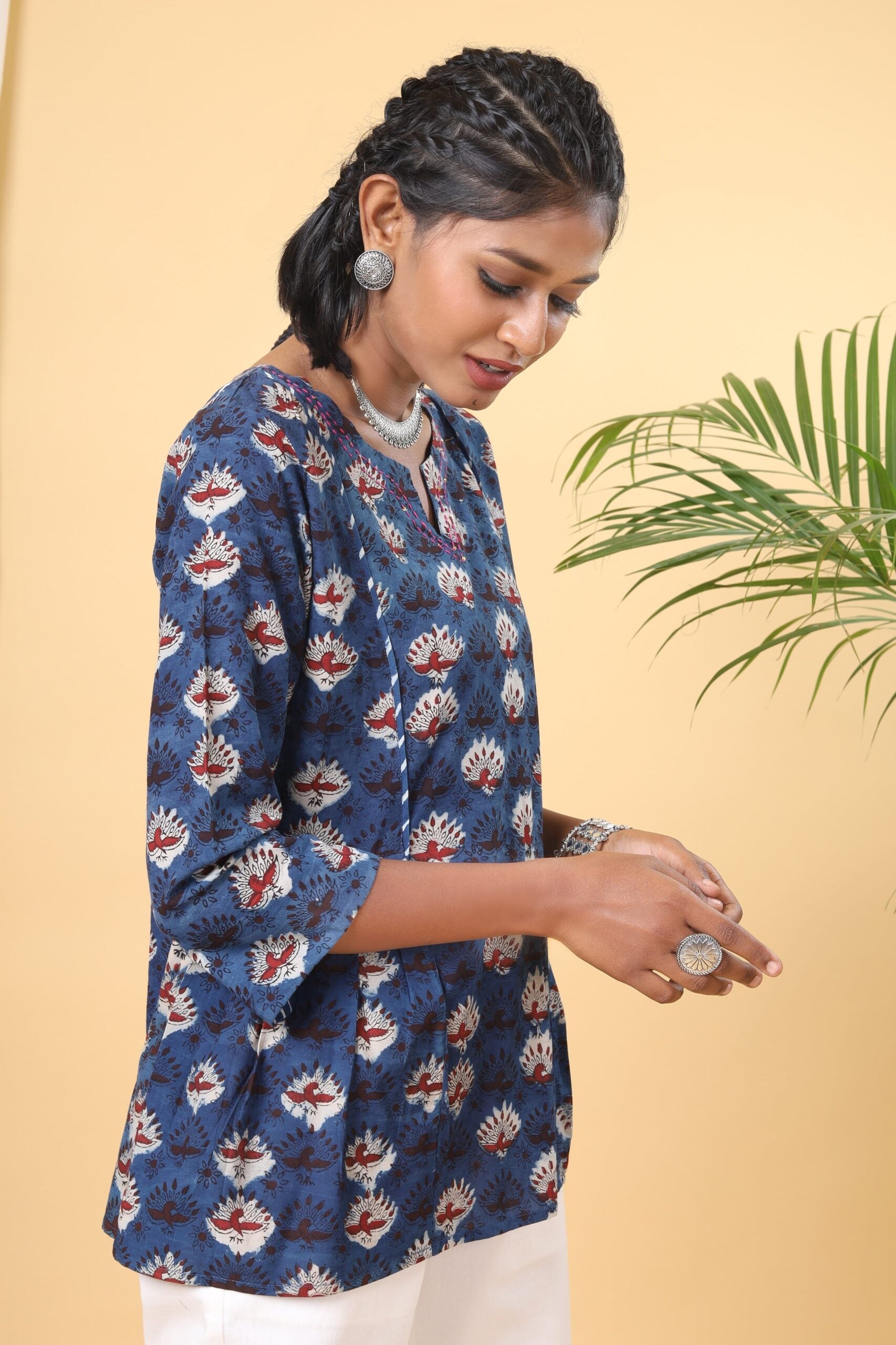 Indigo Blue Peacock Printed Handblock Short Top
