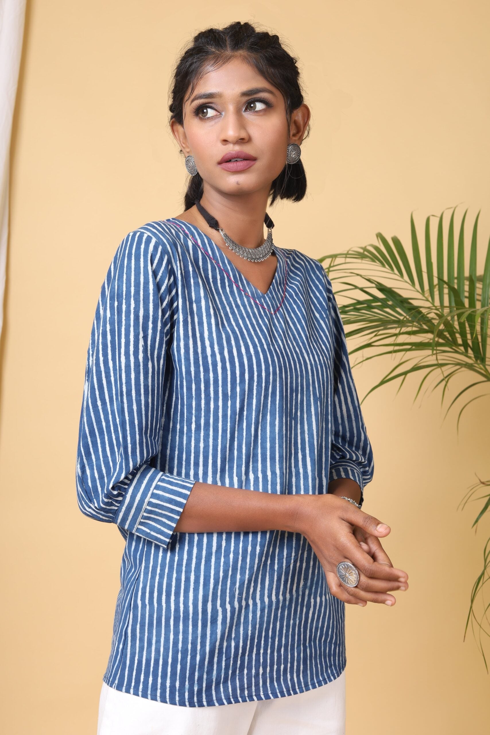 Indigo Stripes Short Top with Thread Tagai