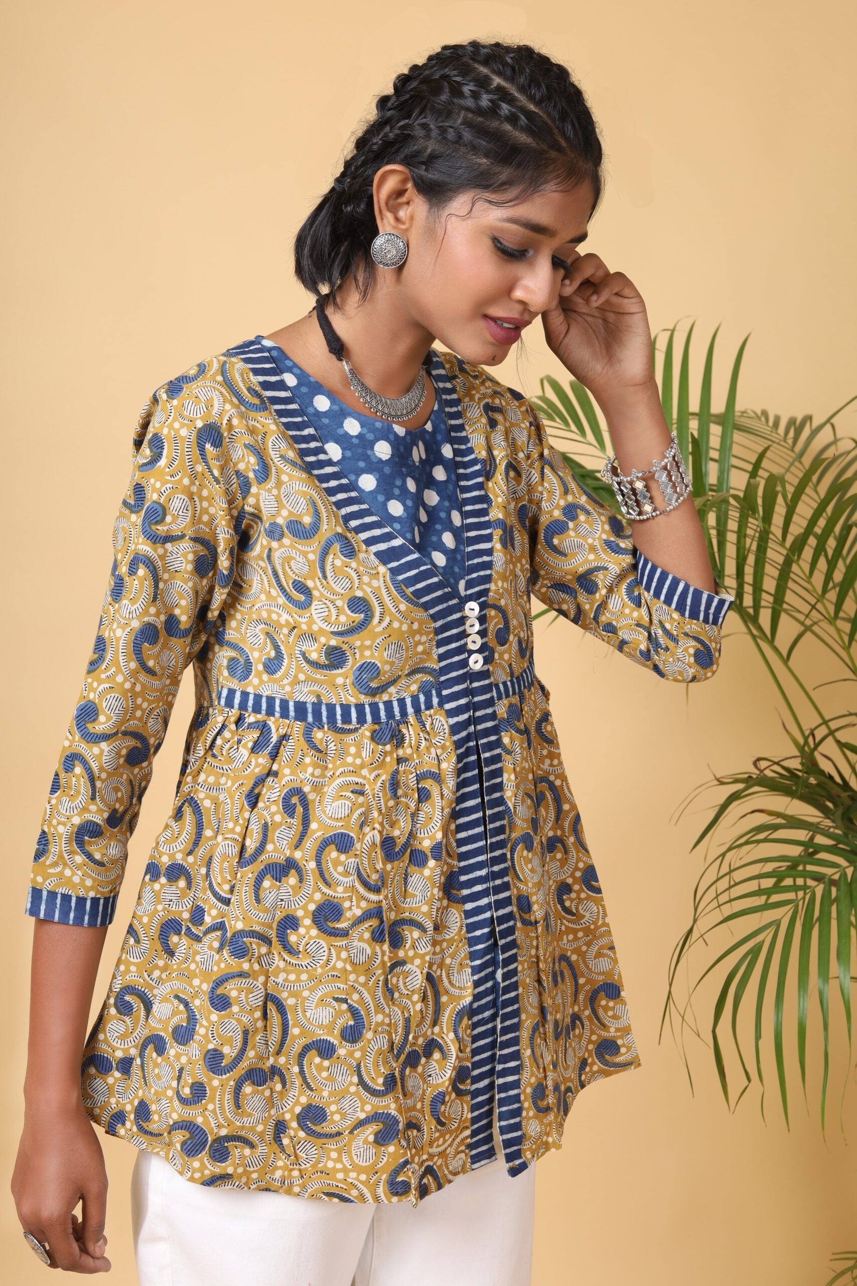 Mustard Handblock Printed Double Short Top