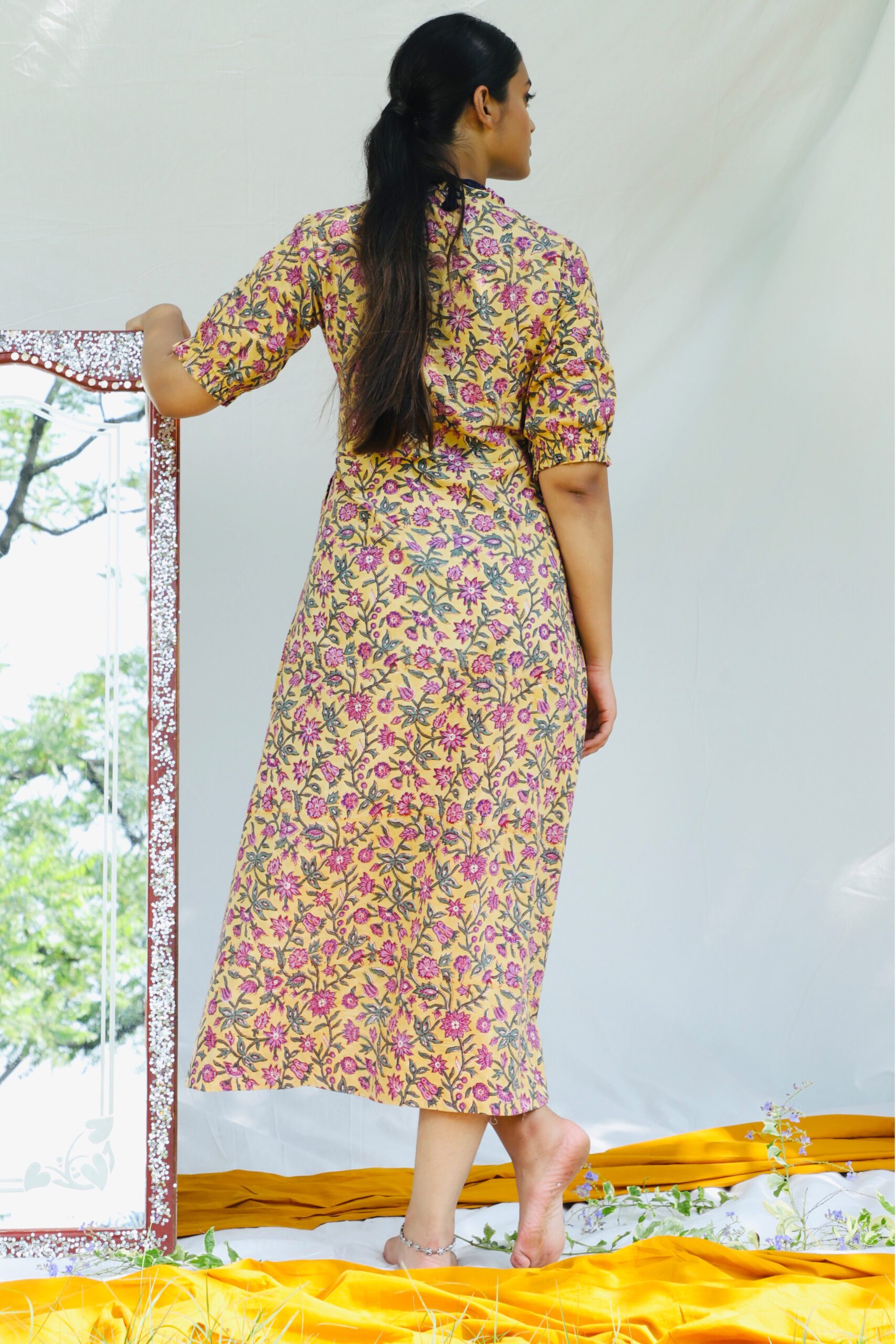Shuddhi Mustard And Violet Cotton Dress