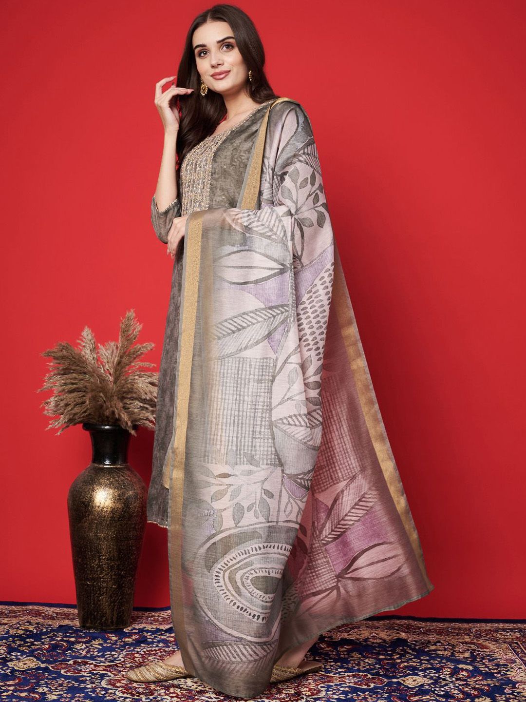 Label khoj chanderi kurta with bottom and dupptta setGreen Color