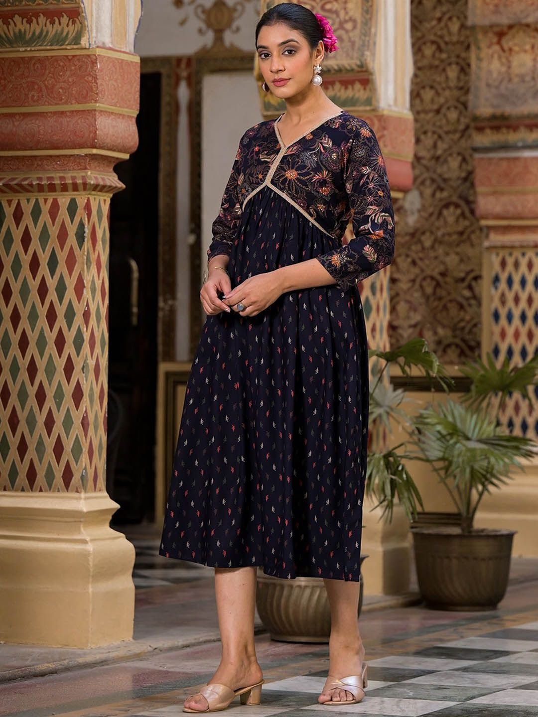 Label Khoj Women Rayon print A line Alia kurta with Pocket