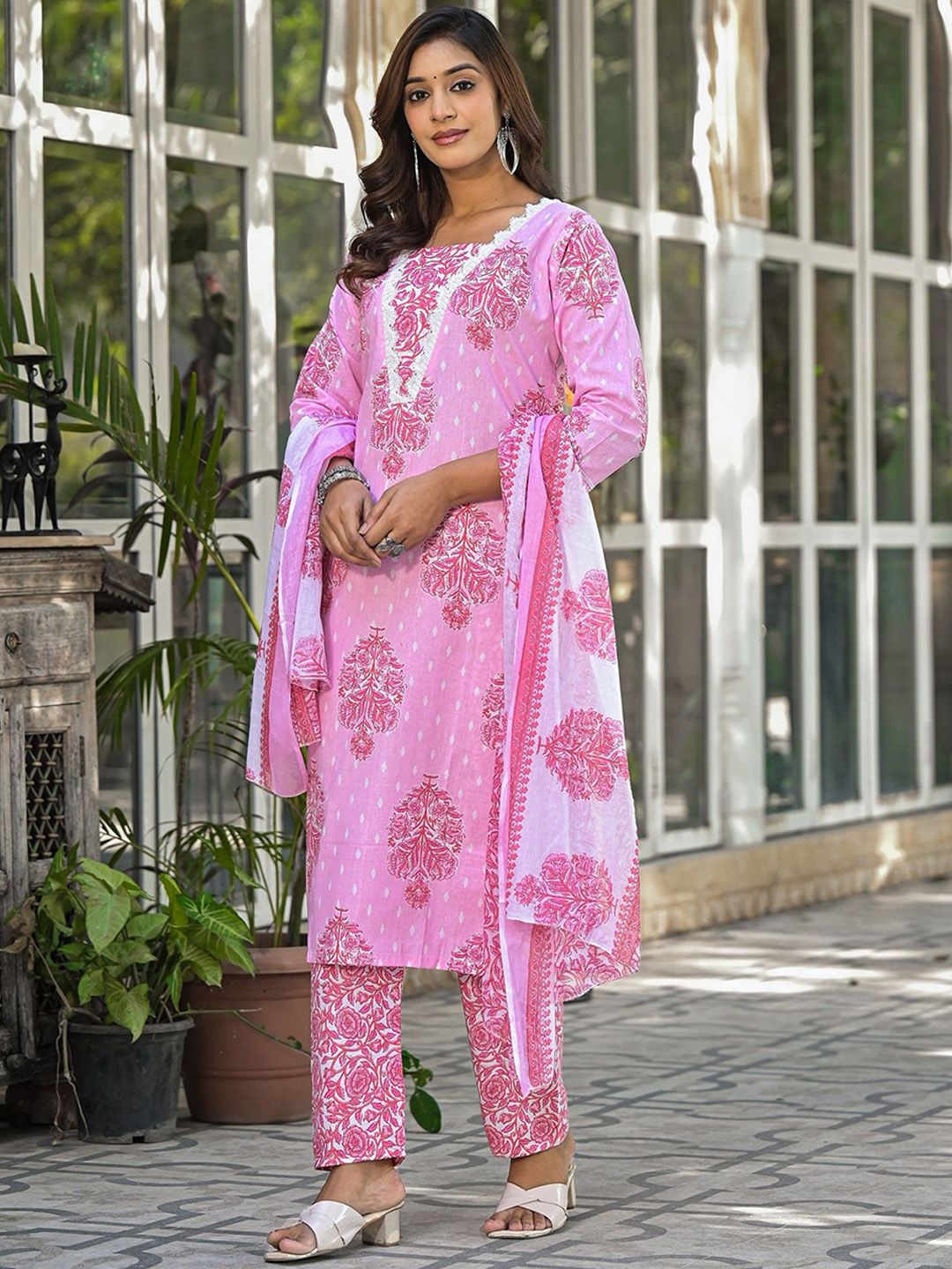 Label khoj women Cotton print kurta SetPINK Color