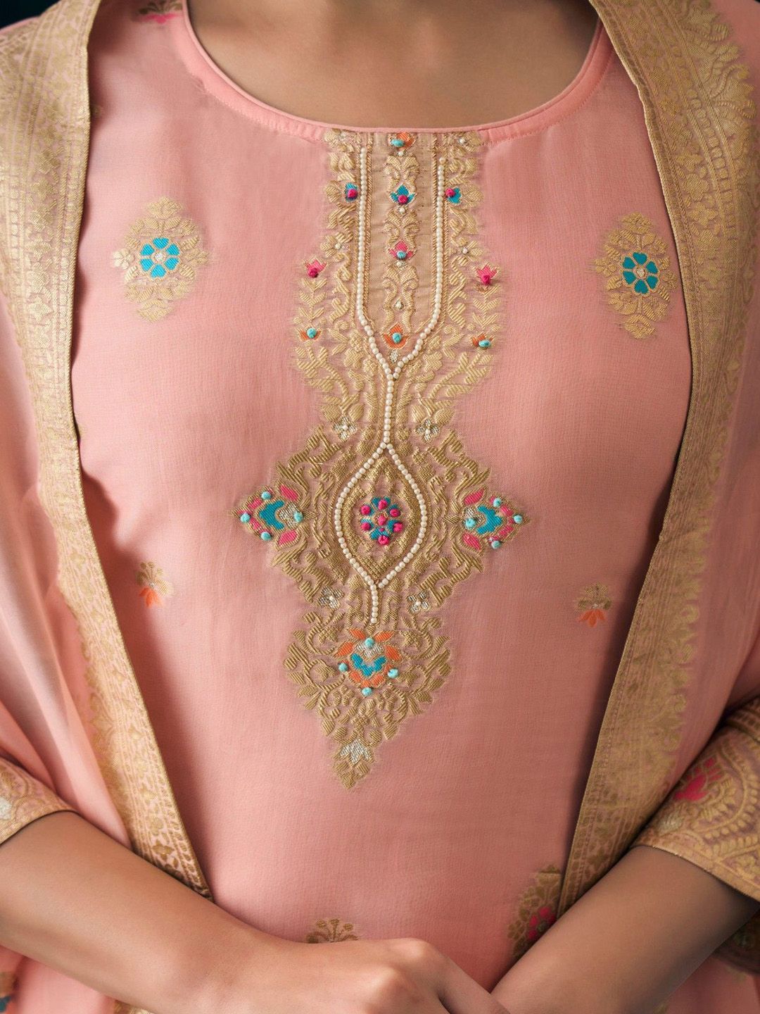 Label khoj Women pure jacquard kurta, trouser and dupptta set