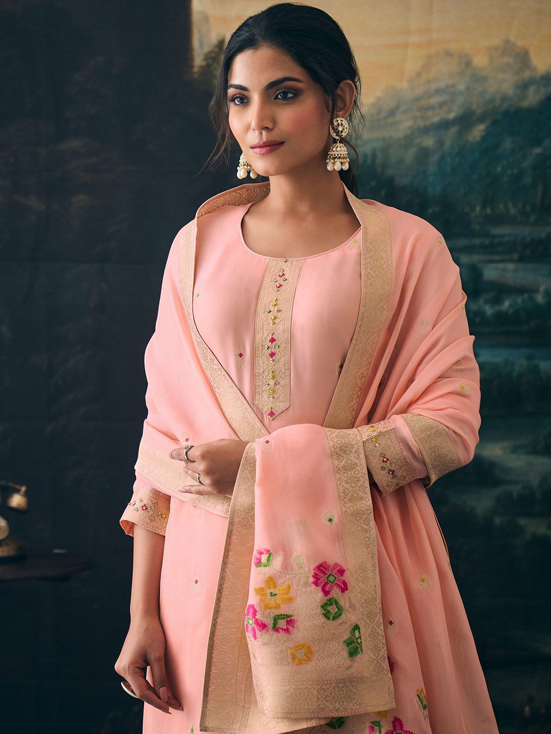 Label khoj Pure viscose Georgette silk with heavy Meena and handwork kurta set