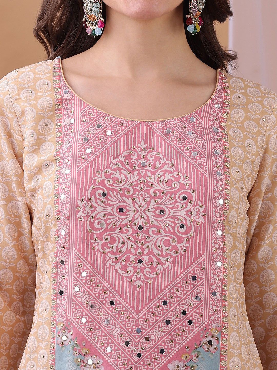 Label Khoj Women's Peach Silk Blend Handwork Kurta with Pant and Peach Dupatta