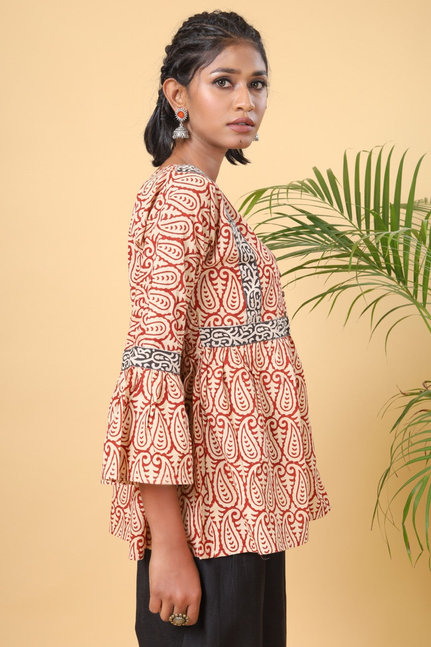 Rust Handblock Printed Short Top