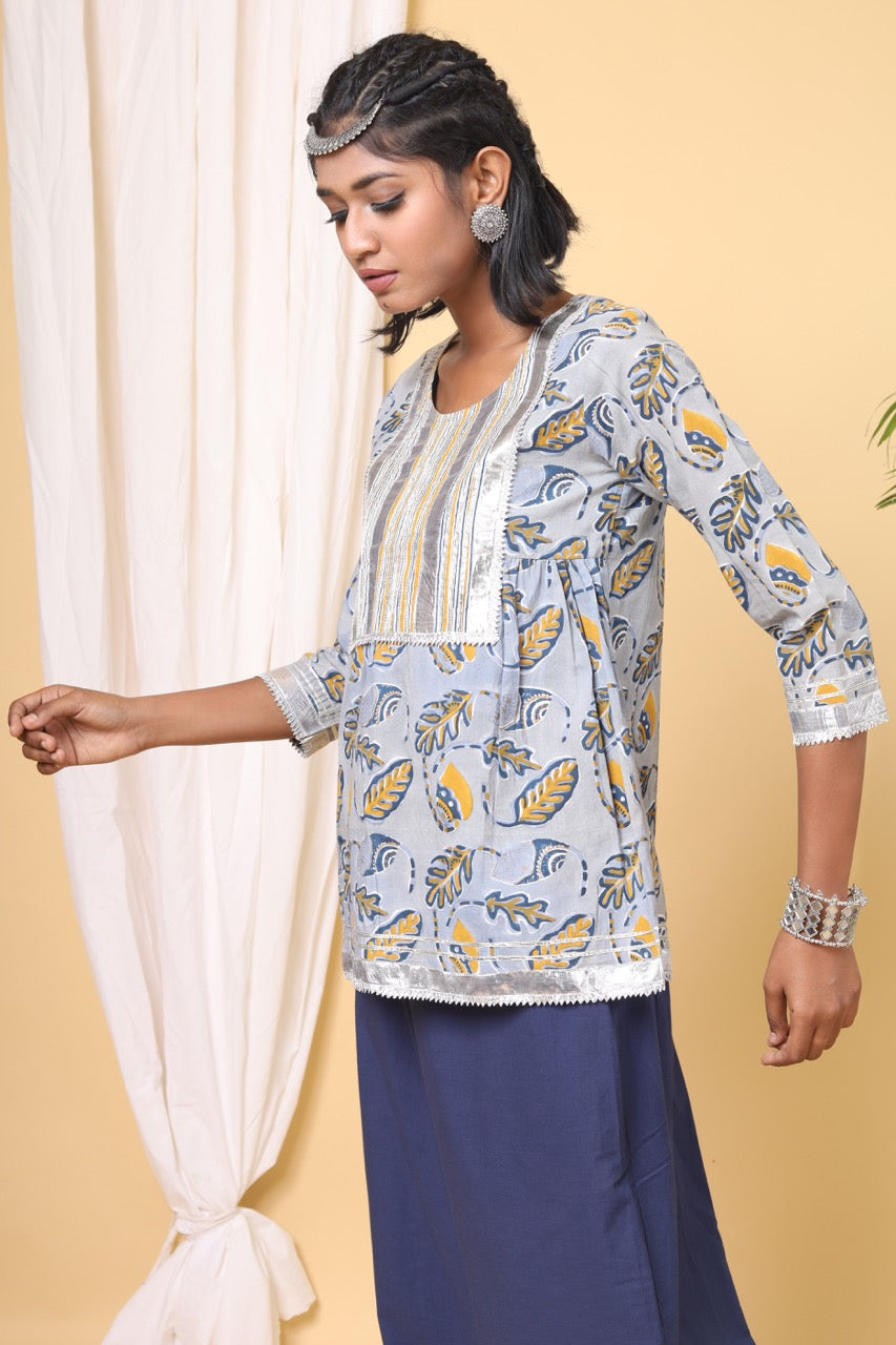 Water Chestnut White Venation Pattern Hand Block Printed Tier Top