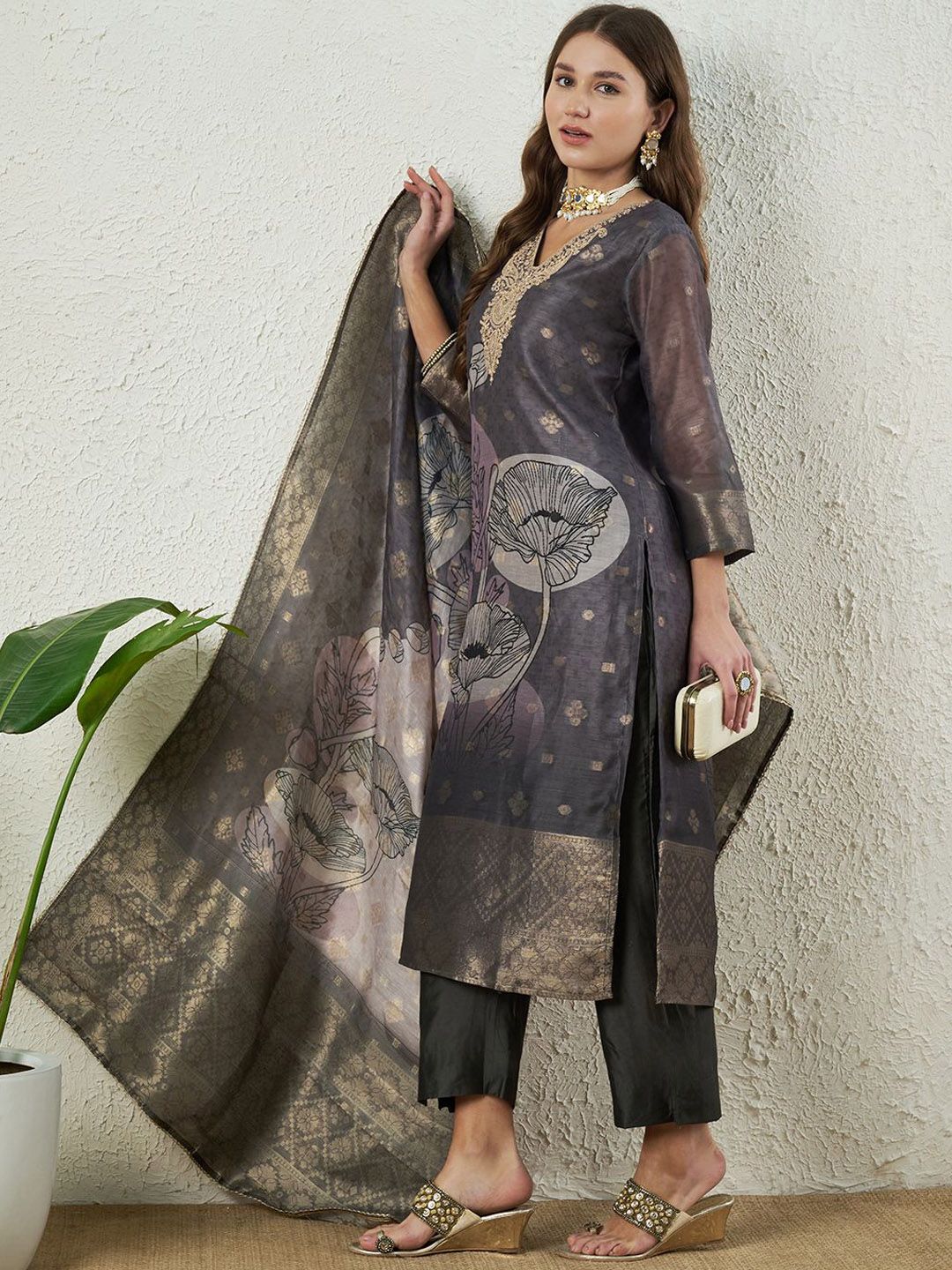 Label Khoj Women Silk Jacqured  Embroidery  Work Grey Color Kurta & Bottom With Dupatta  Set