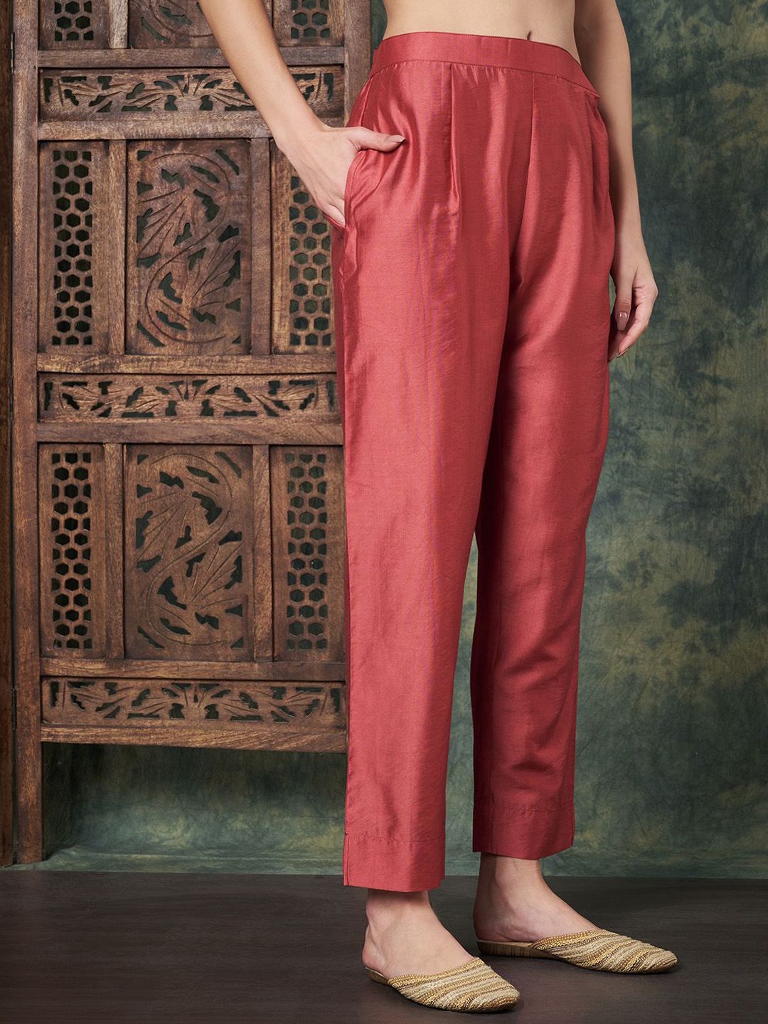 Label Khoj Women's Red Chanderi Embroidered Kurta with Pant and Red Dupatta