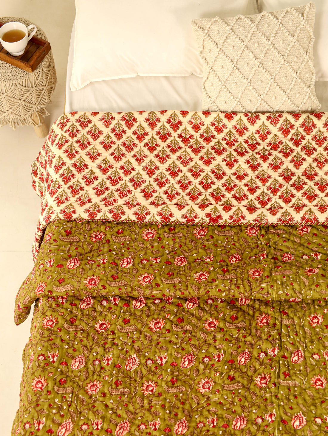 Olive Green and Red Reversible Quilted Bed Razai