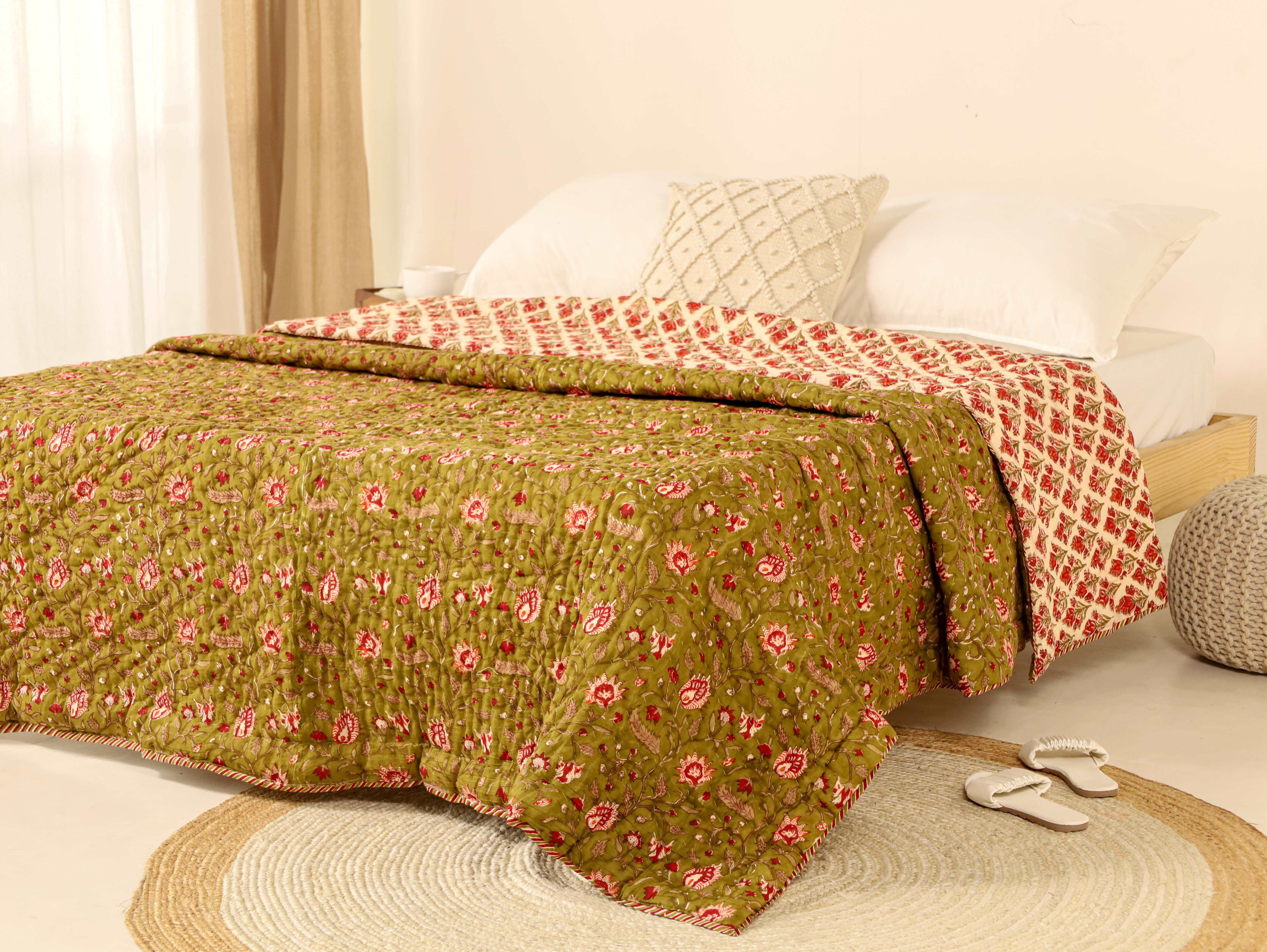 Olive Green and Red Reversible Quilted Bed Razai