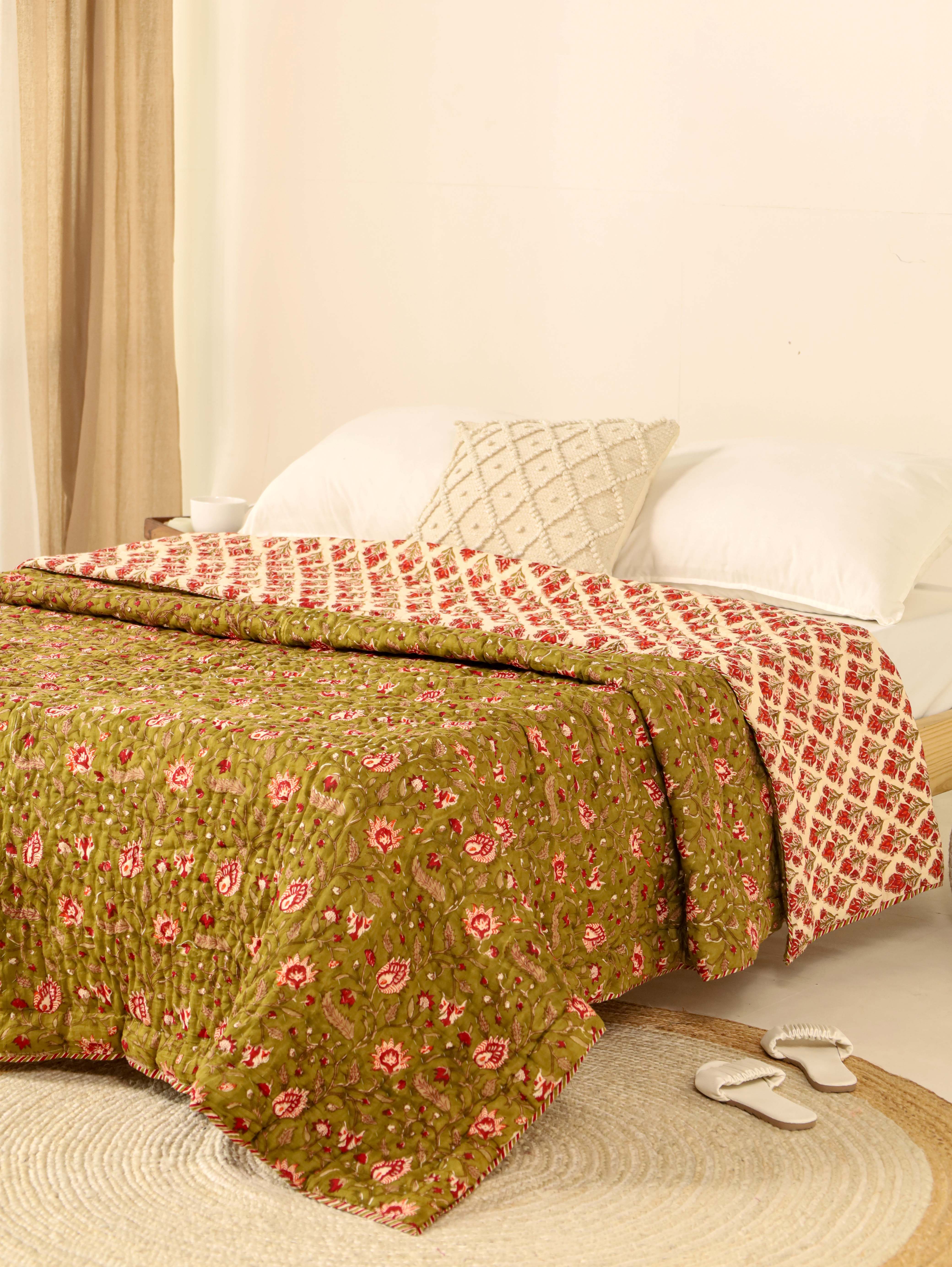 Olive Green and Red Reversible Quilted Bed Razai