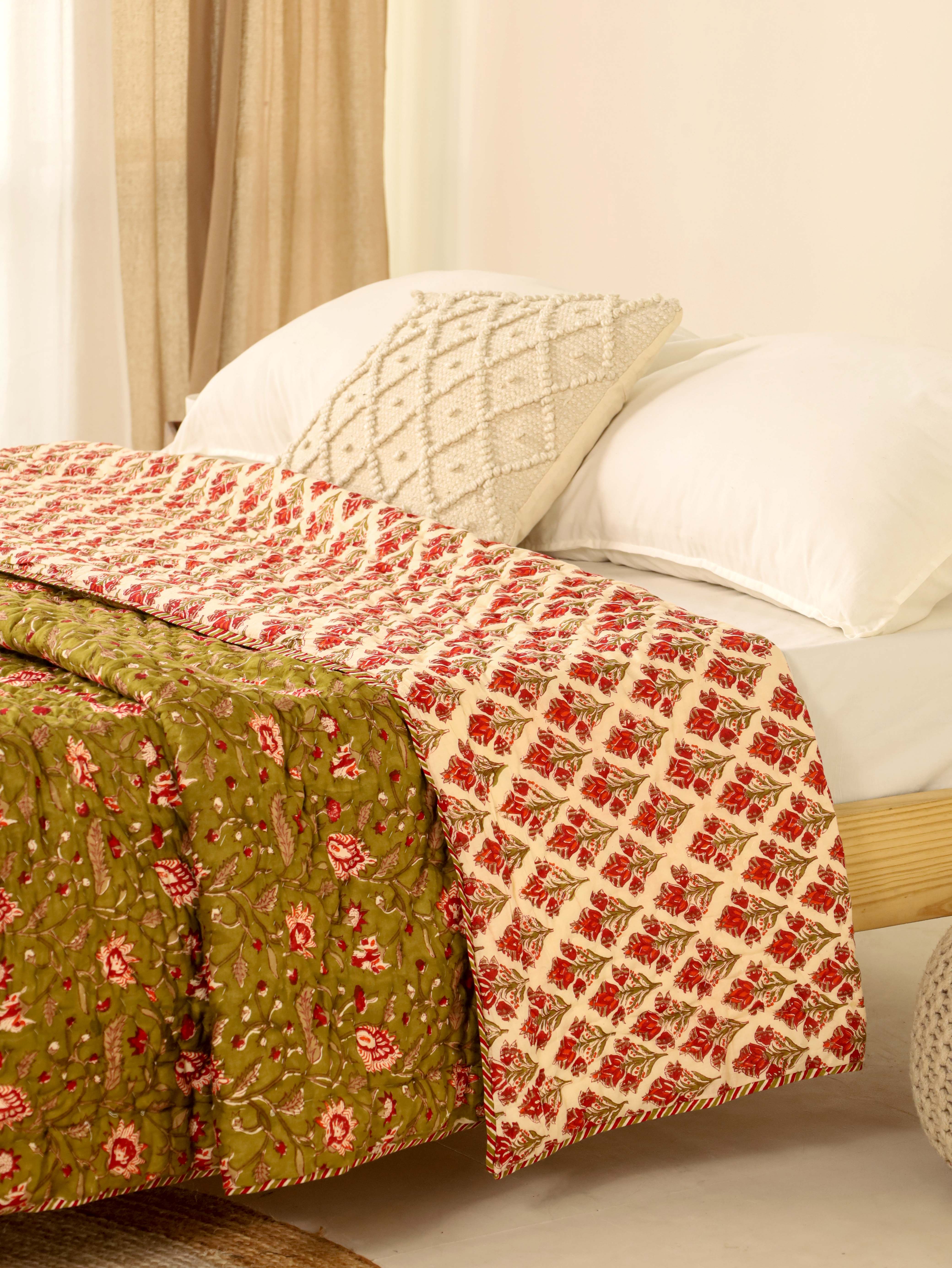 Olive Green and Red Reversible Quilted Bed Razai