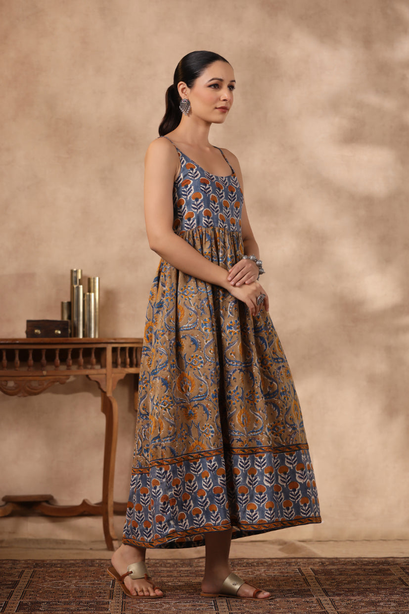 Shuddhi BlUE and Brown Spaghetti Dress