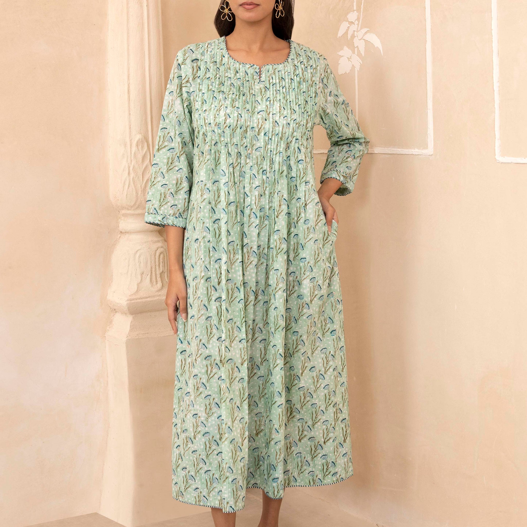 Mint Green Handblock Pleated Dress