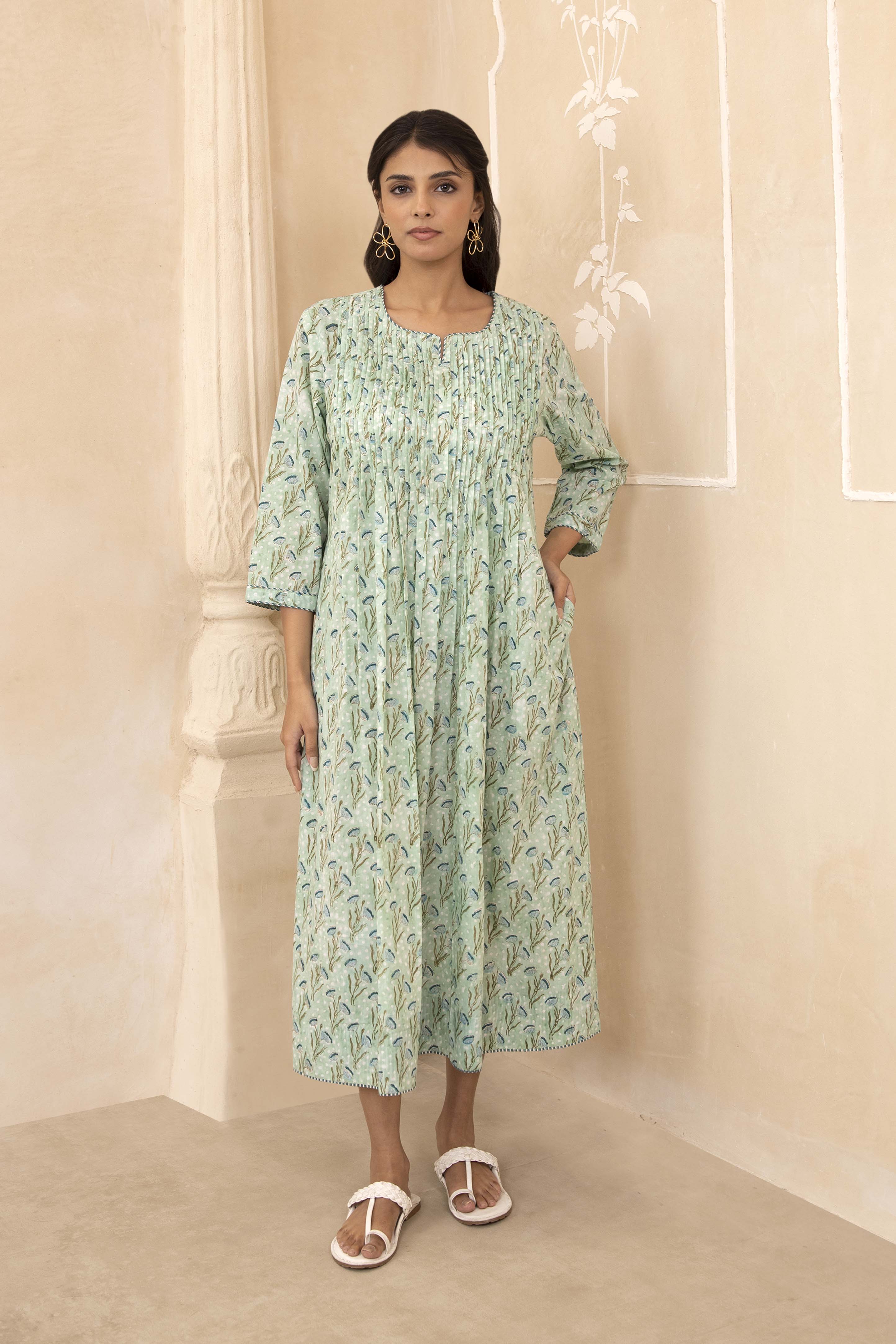 Mint Green Handblock Pleated Dress