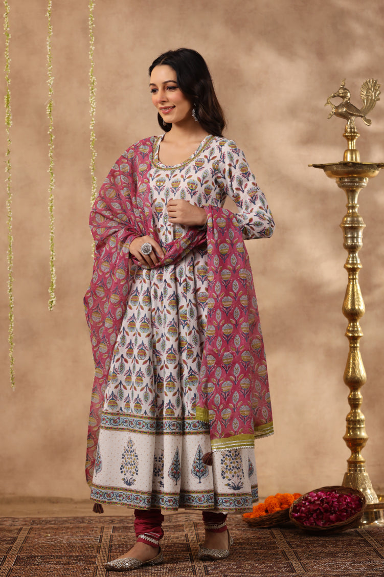 Shuddhi White and Teal aNarkali Kurta with Chanderi Duppata