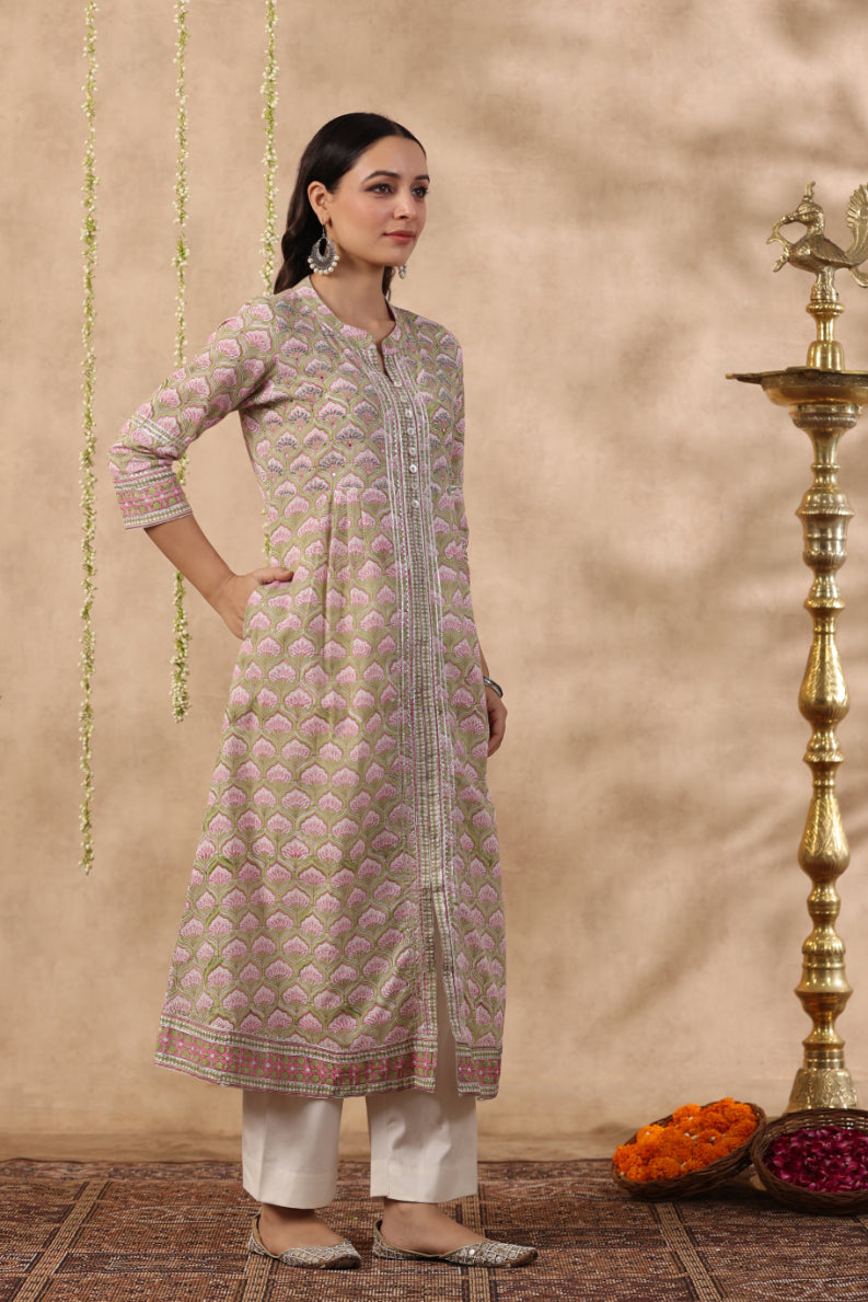 Shuddhi green and pink 2 piece kurta set