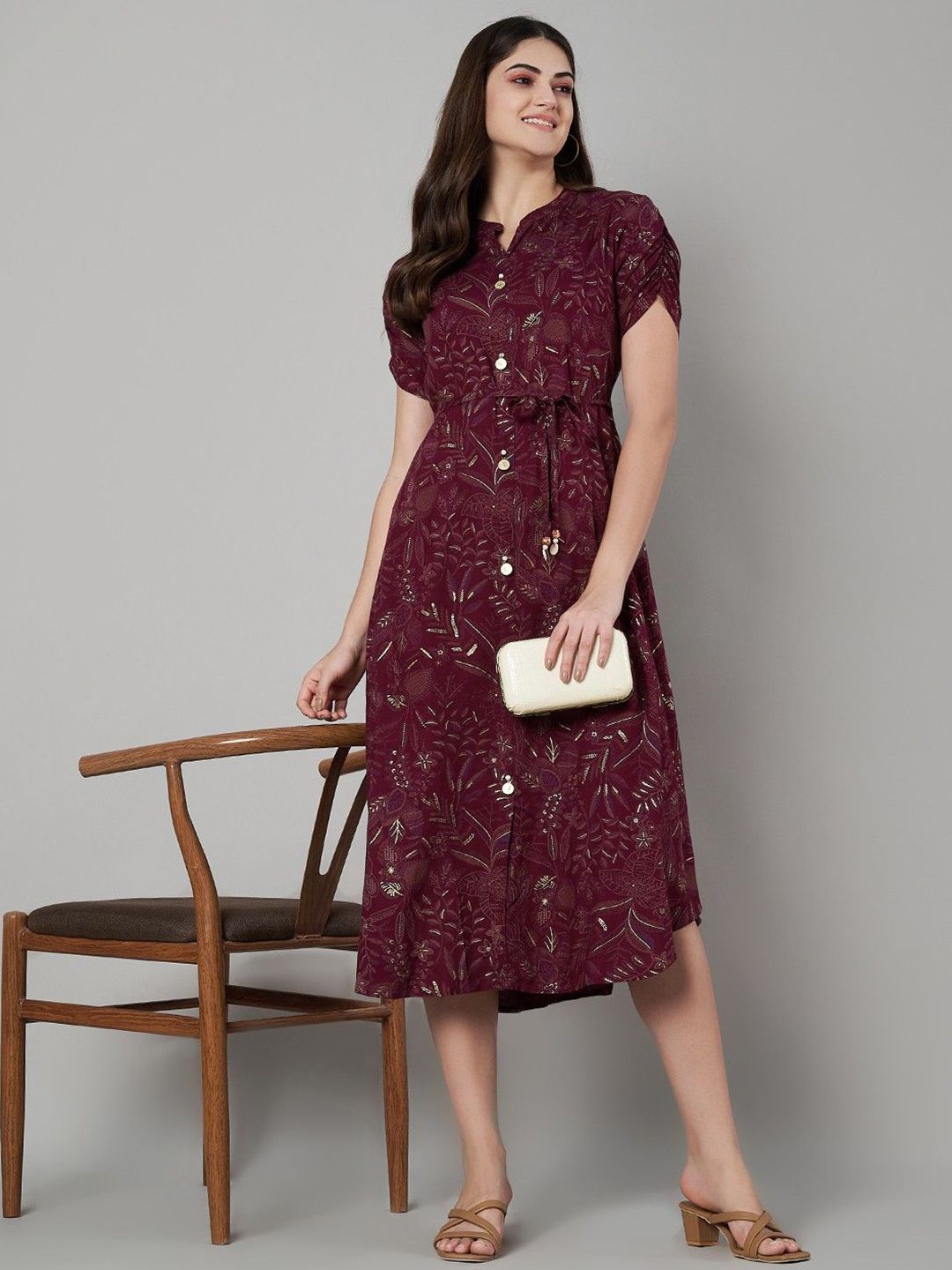 Label Khoj Women's Maroon Rayon Printed Midi Dress
