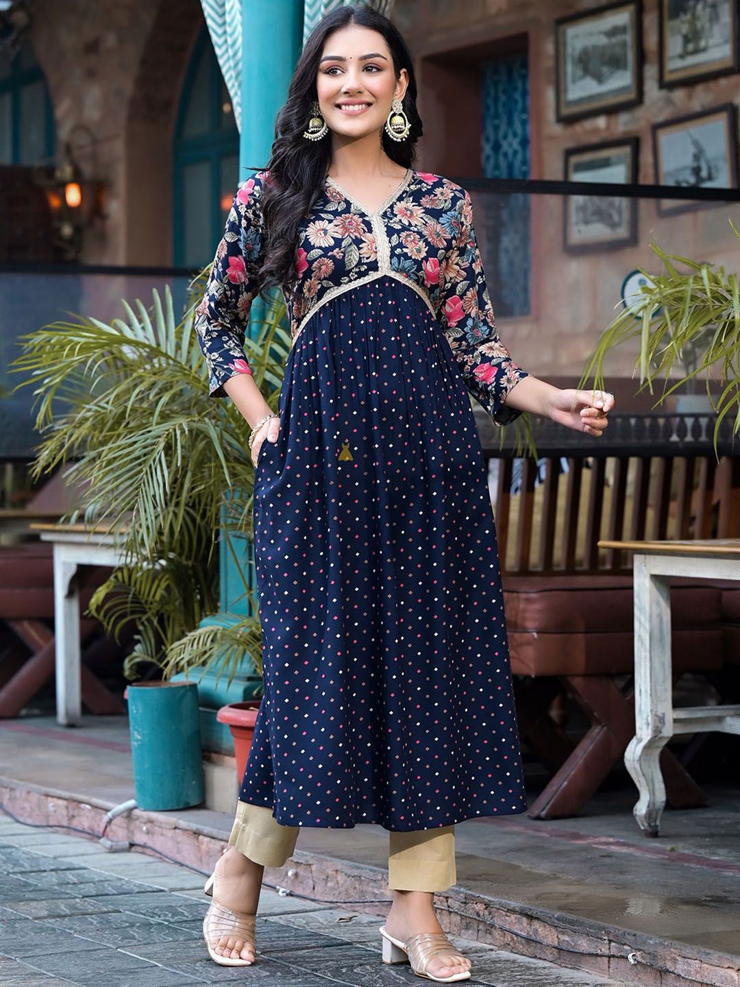 Label Khoj Women Rayon print A line Alia kurta with Pocket