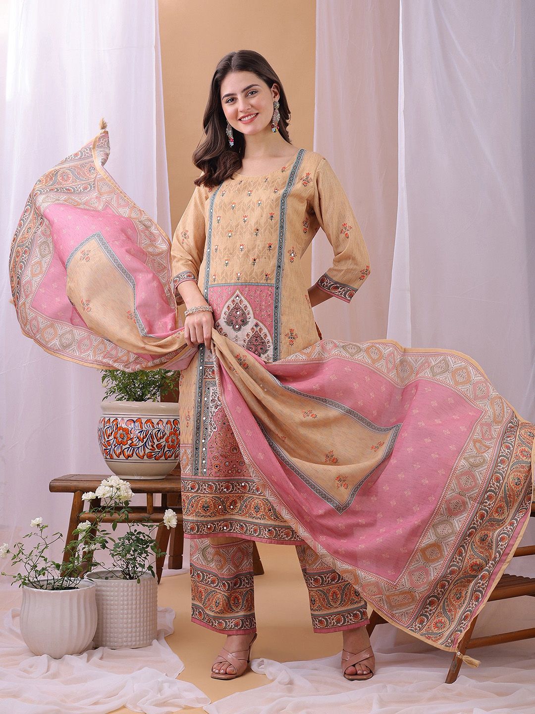 Label Khoj Women's Beige Silk Blend Handwork Kurta with Pant and Beige Dupatta