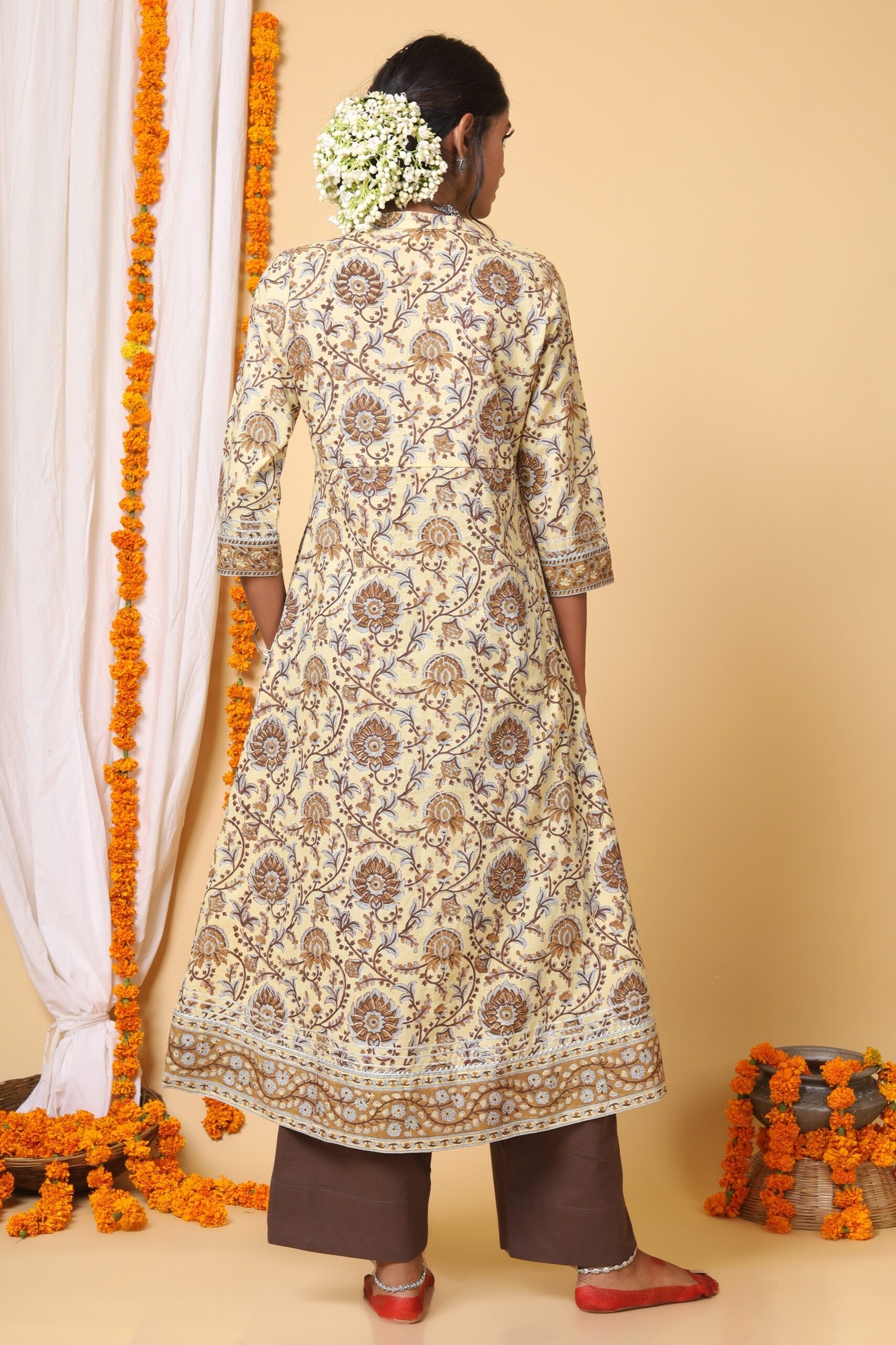 Beige and Brown Aline Handblock printed Kurta