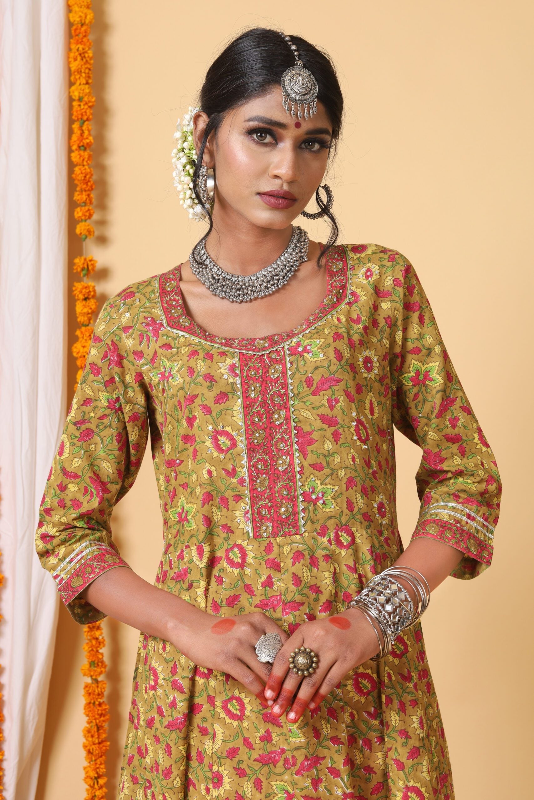 Mustard and Yellow Handblock Printed Anarkali With Bhandej Duppatta