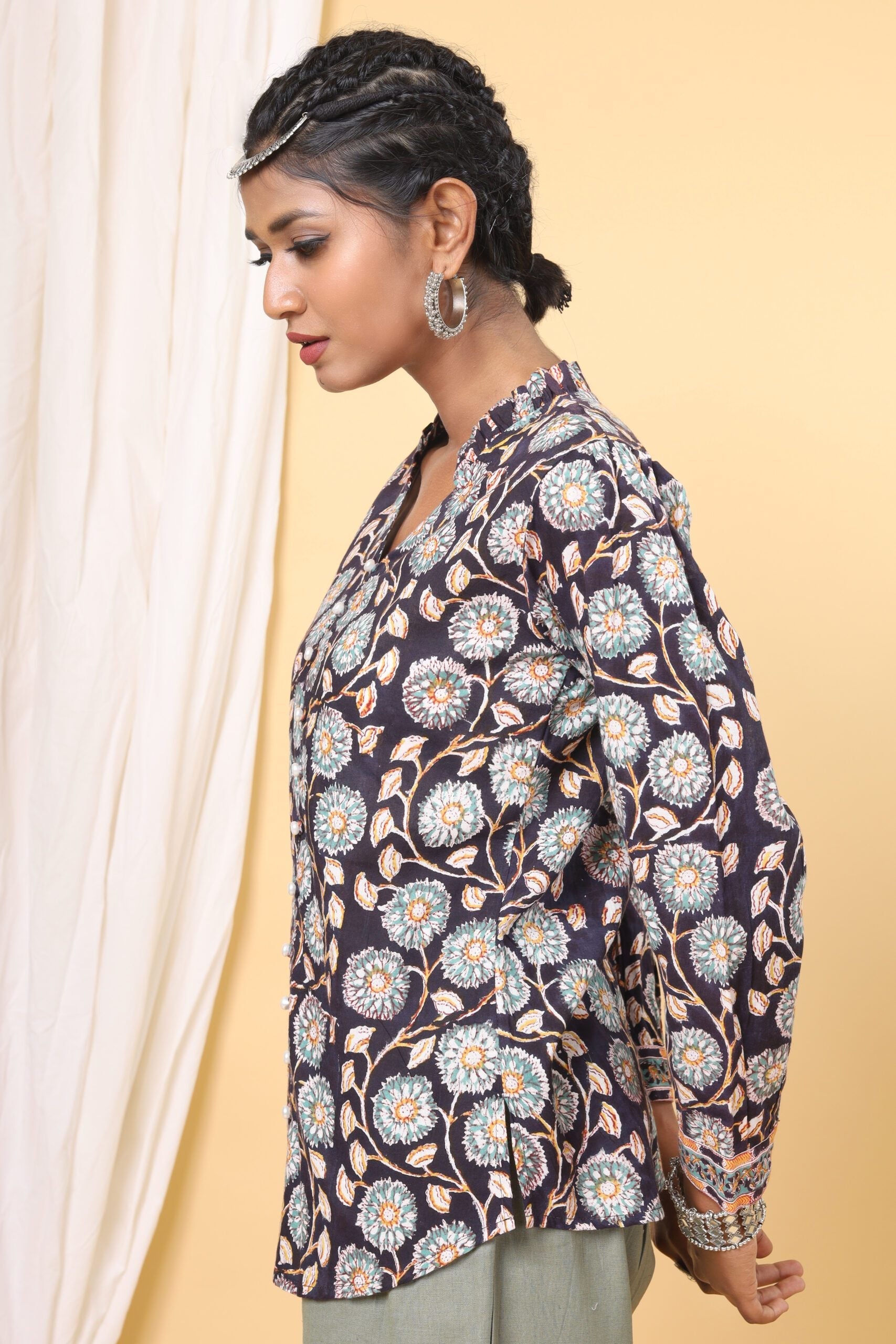 Black Handblock Printed Floral Shirt Button Down Top