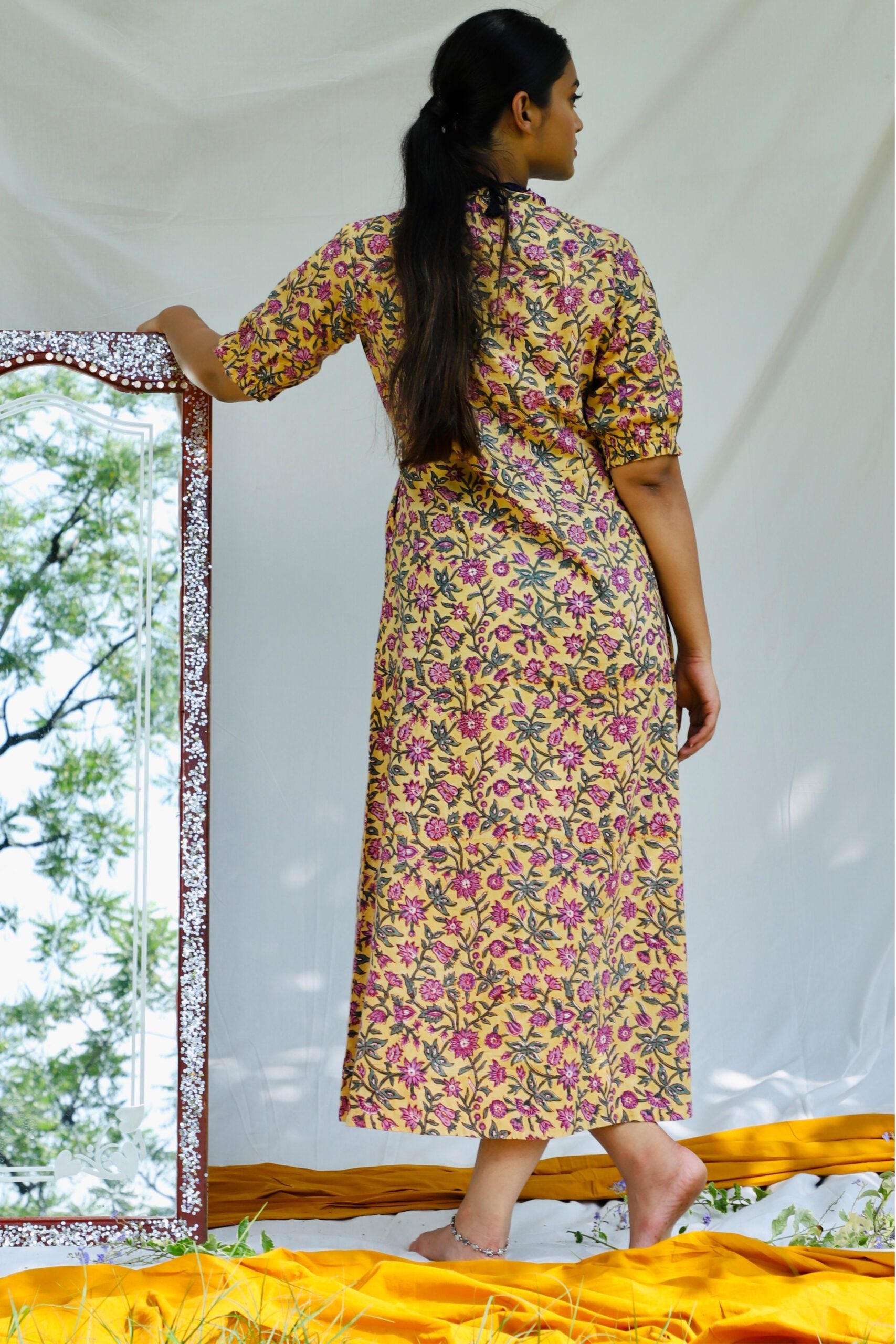 Shuddhi Mustard And Violet Cotton Dress