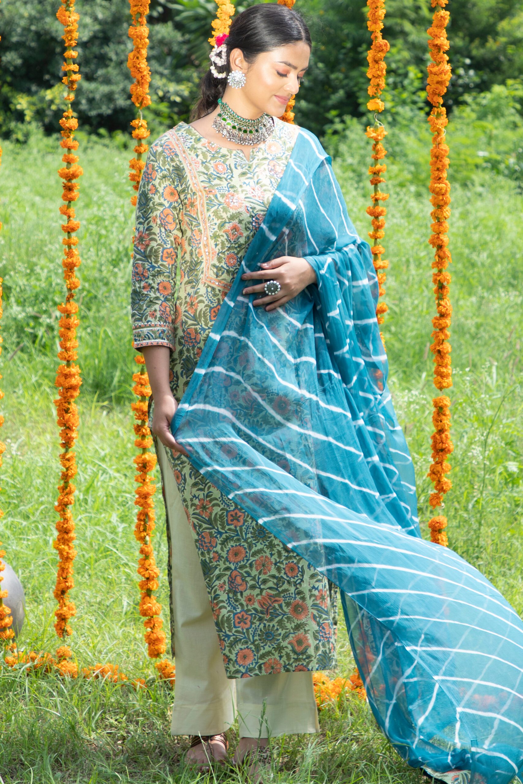 Shuddhi Green And Orange Anarkali And Duppatta Set