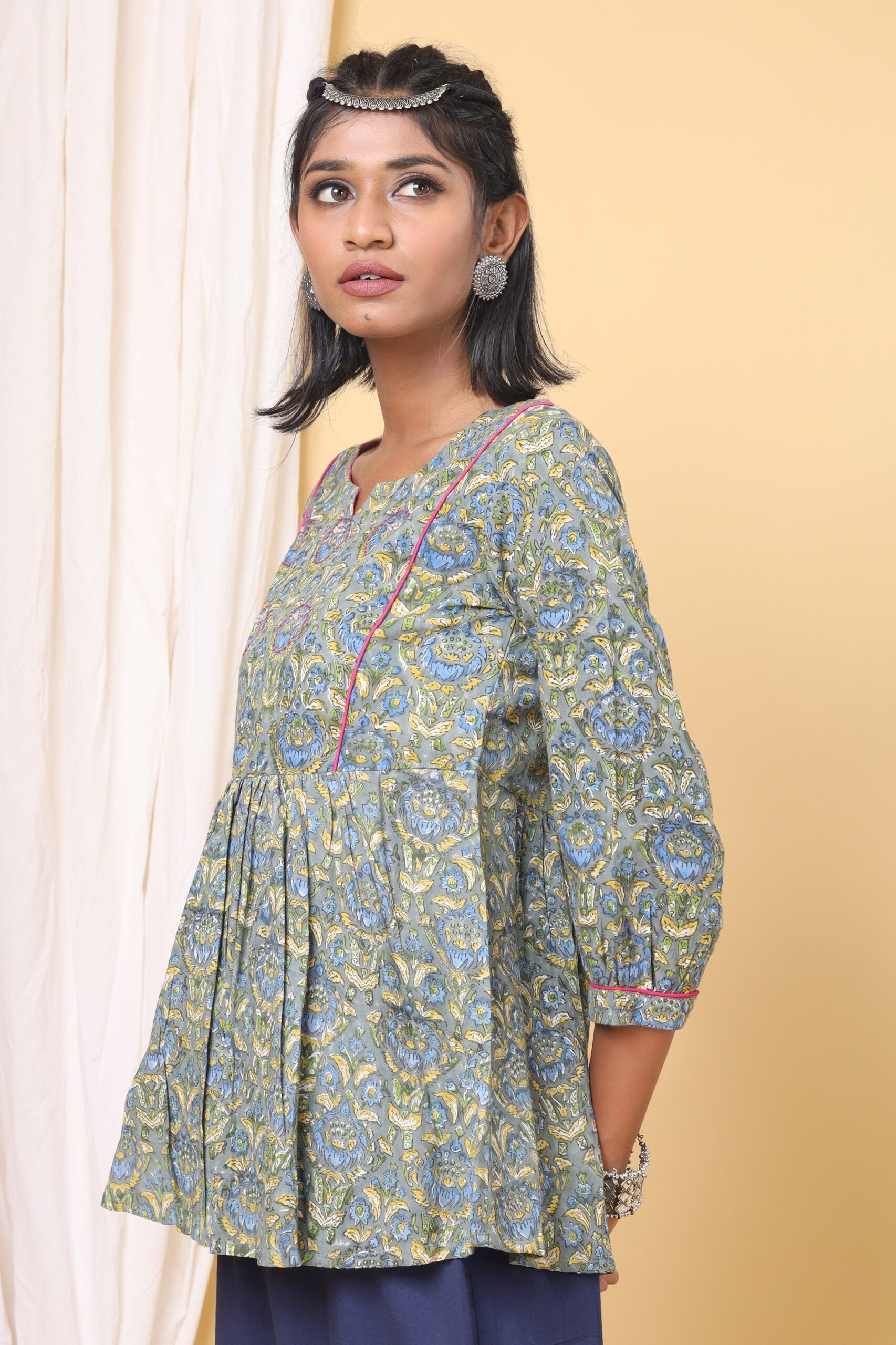 Green and Yellow handblock printed short top