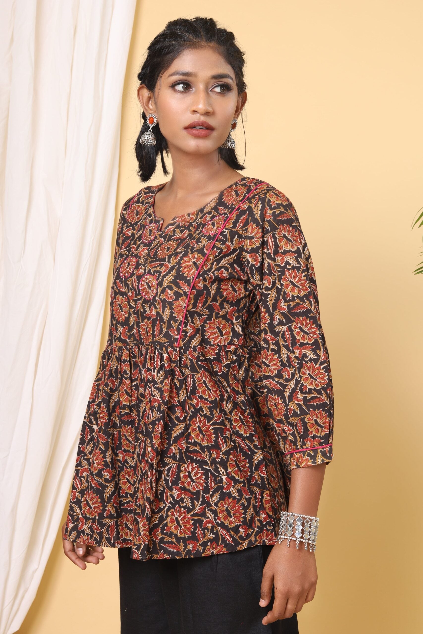 Black Floral Handblock Printed Short Top
