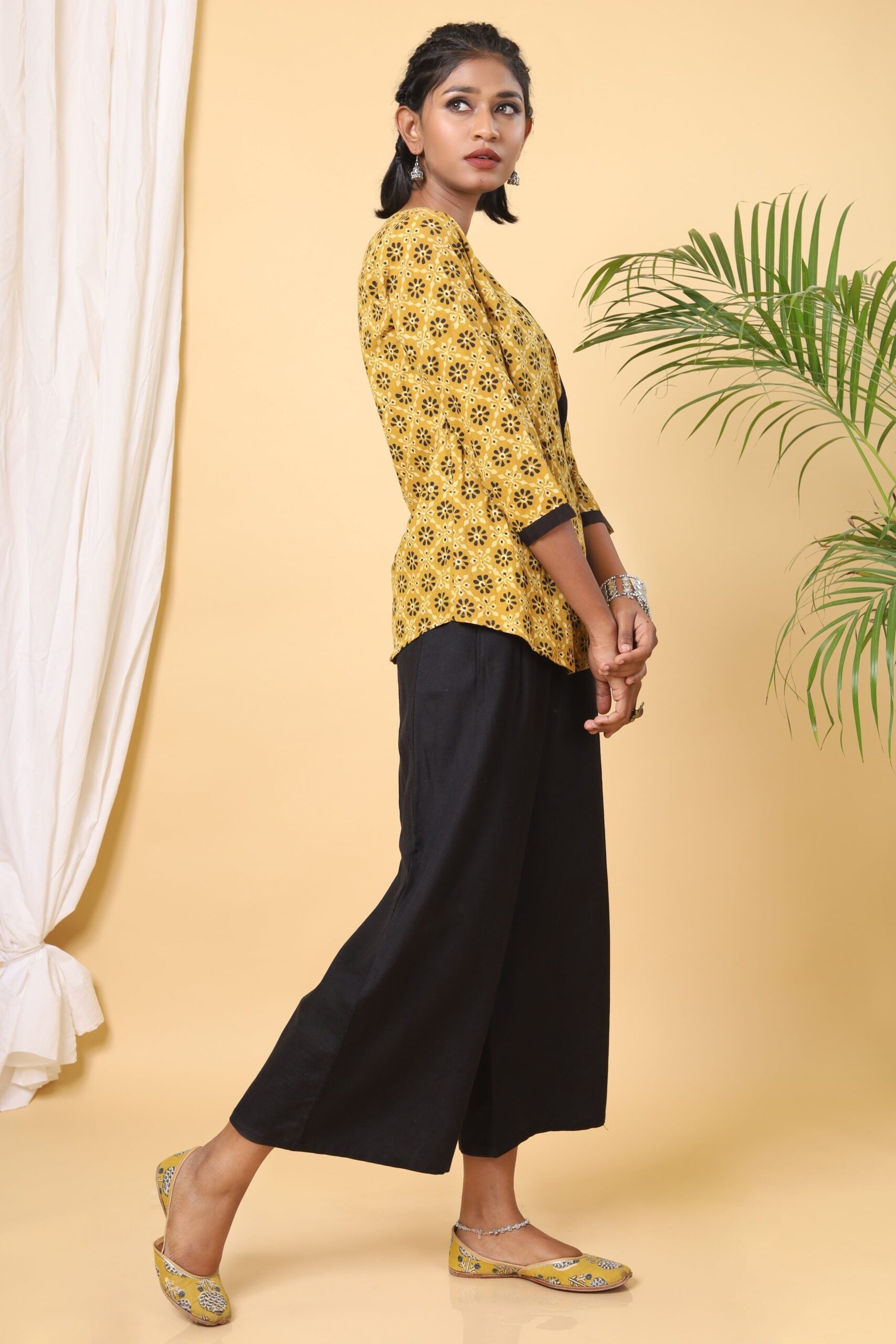 Mustard Ajarakh Handblock Print With Floral Jaal Short Top