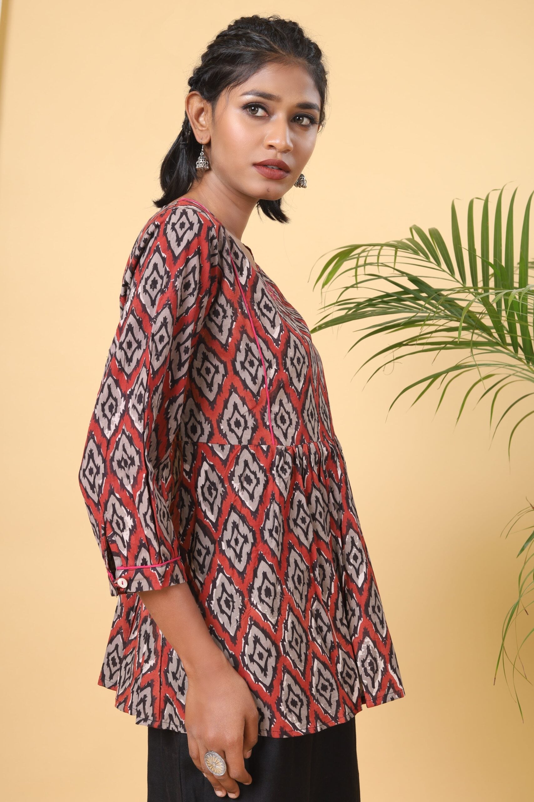 Scarlet Red Handblock Printed Tier Top