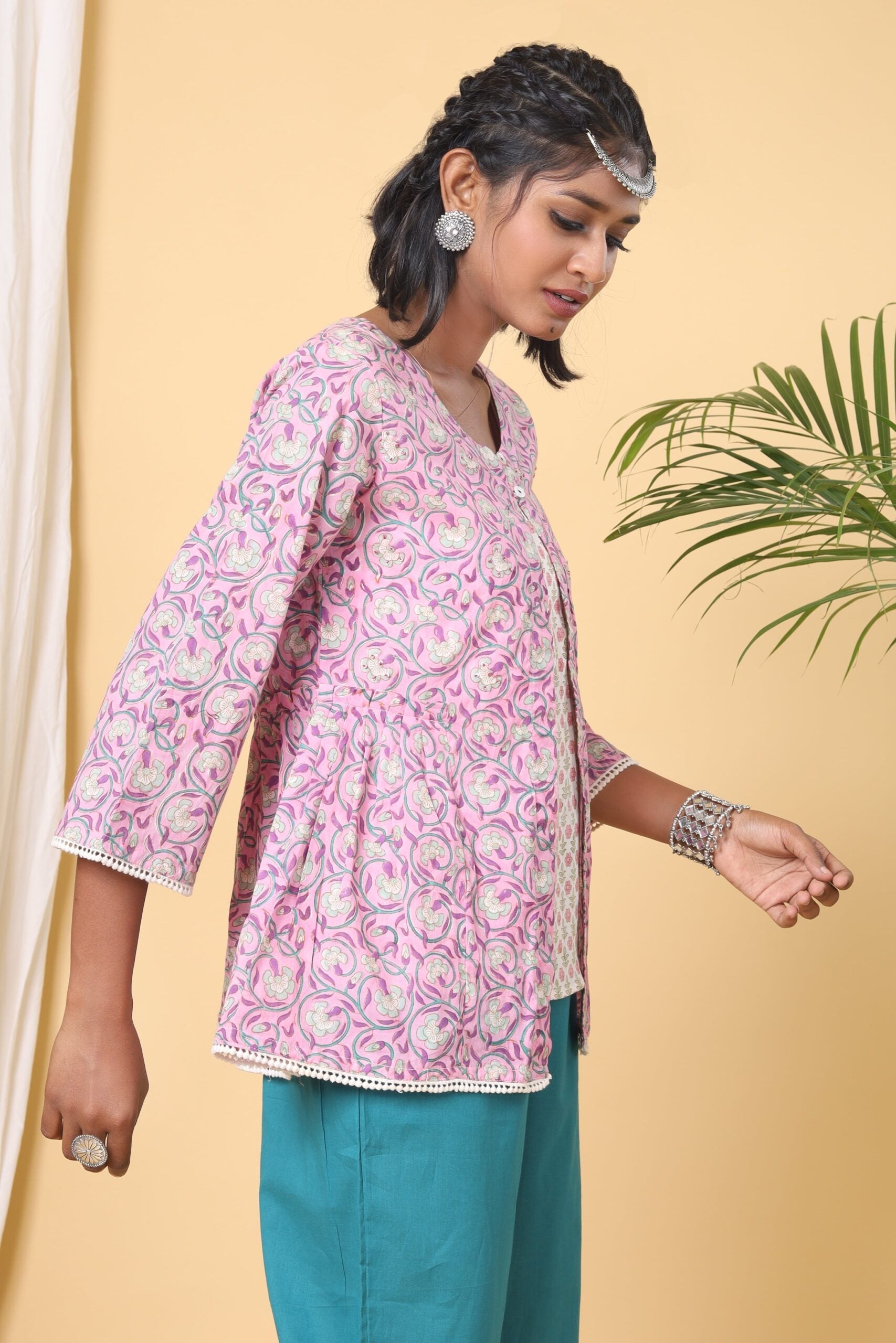 Pink and Mauve handblock printed double top.