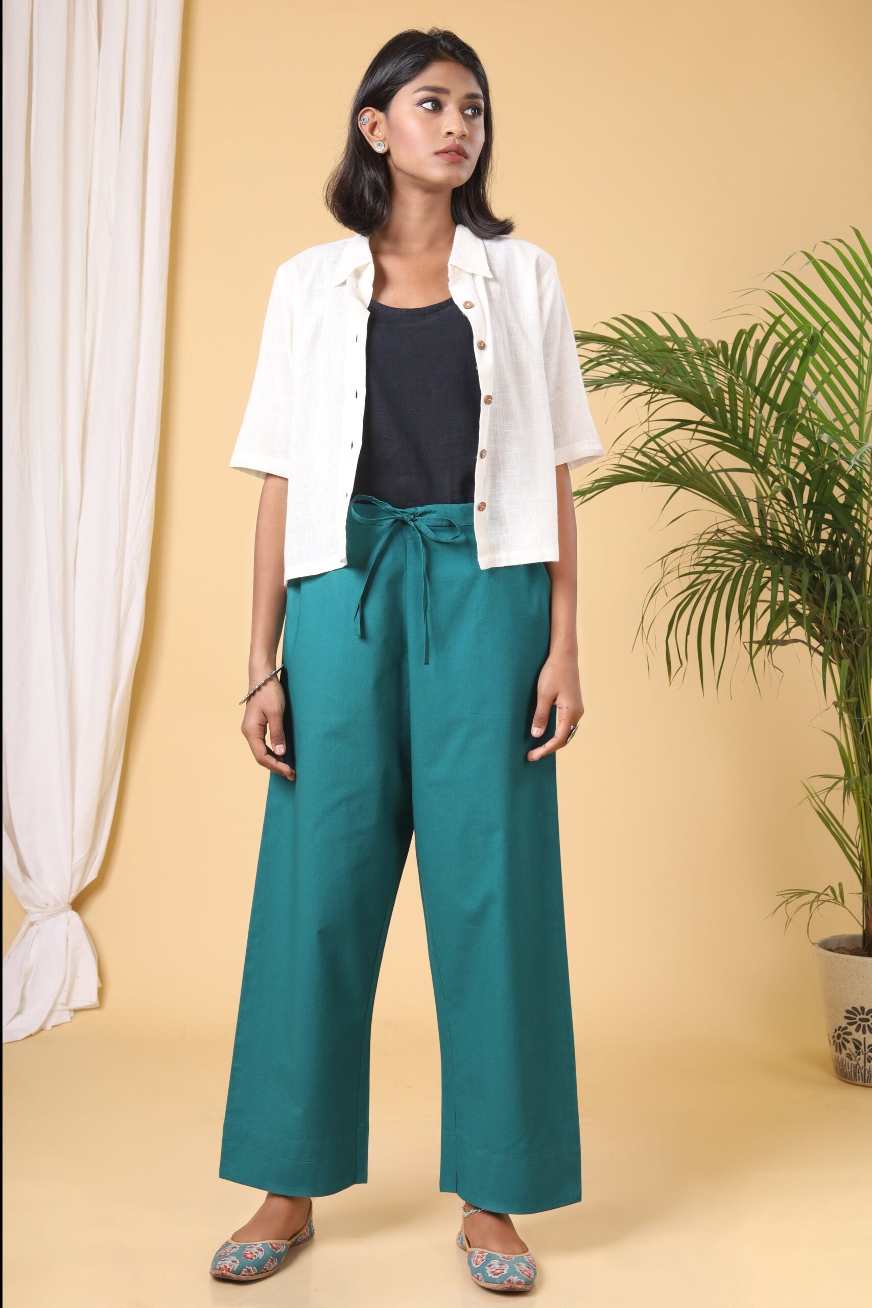 Teal Green Cotton Casual Pant